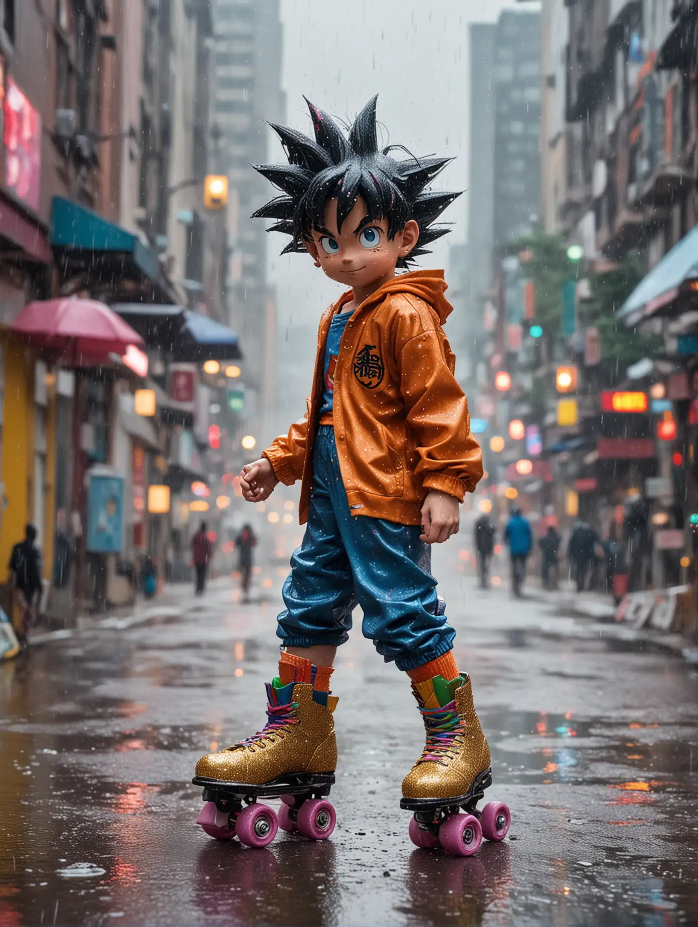 Goku is Riding Glitter Rainbow Roller Skates. in the middle of the city when it rains