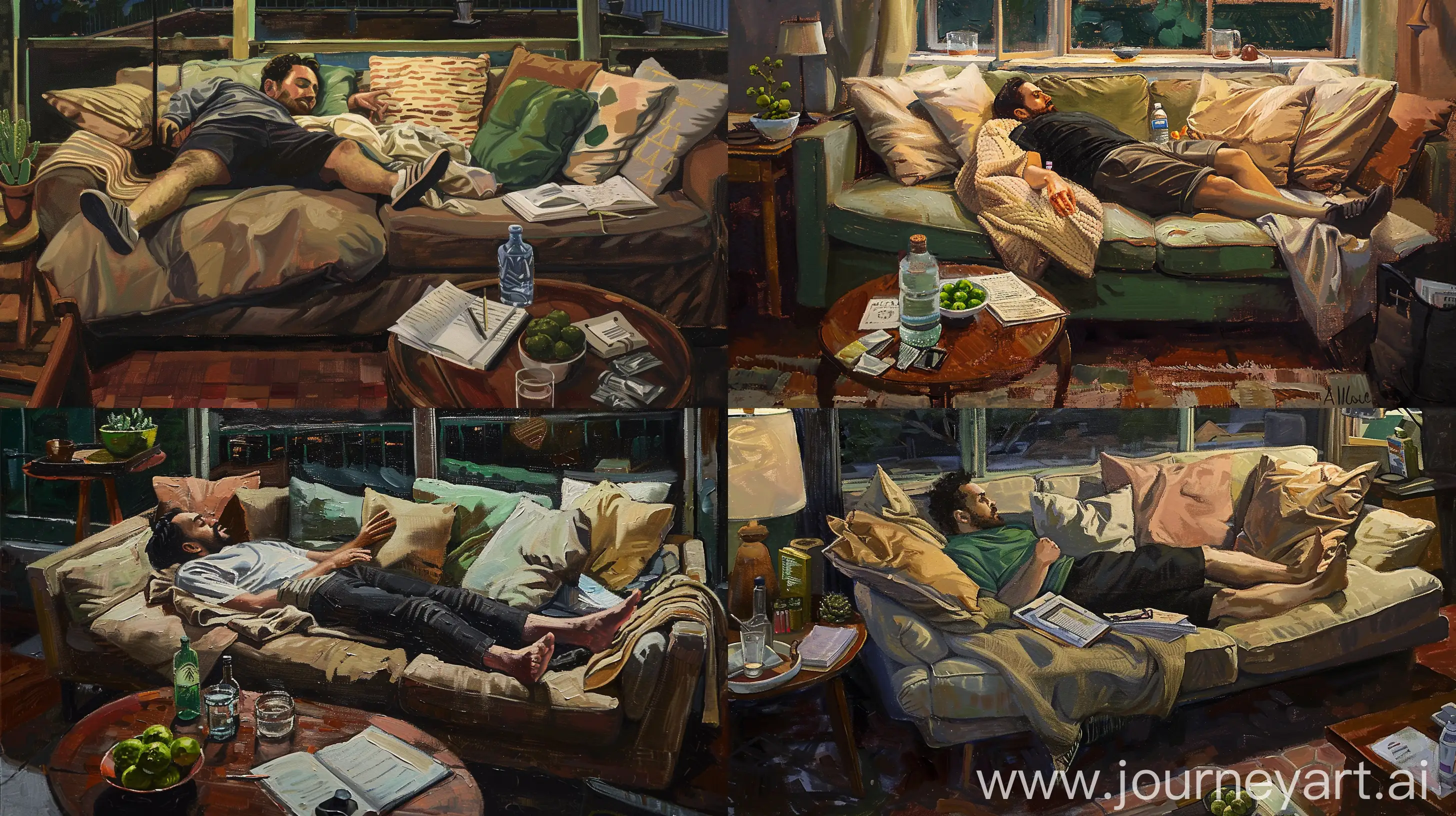 textured oil painting of an indoor scene, a person lying on the couch, The scene should include a cozy room with various pillows and a blanket on the couch, a window showing an outdoor view, a side table with a glass of water, a bottle, and papers or a book. Add a bowl of green fruit and a potted plant for a natural touch, Use an warm earthy color palette and paint a textured painting style, scene is in nighttime --ar 16:9
