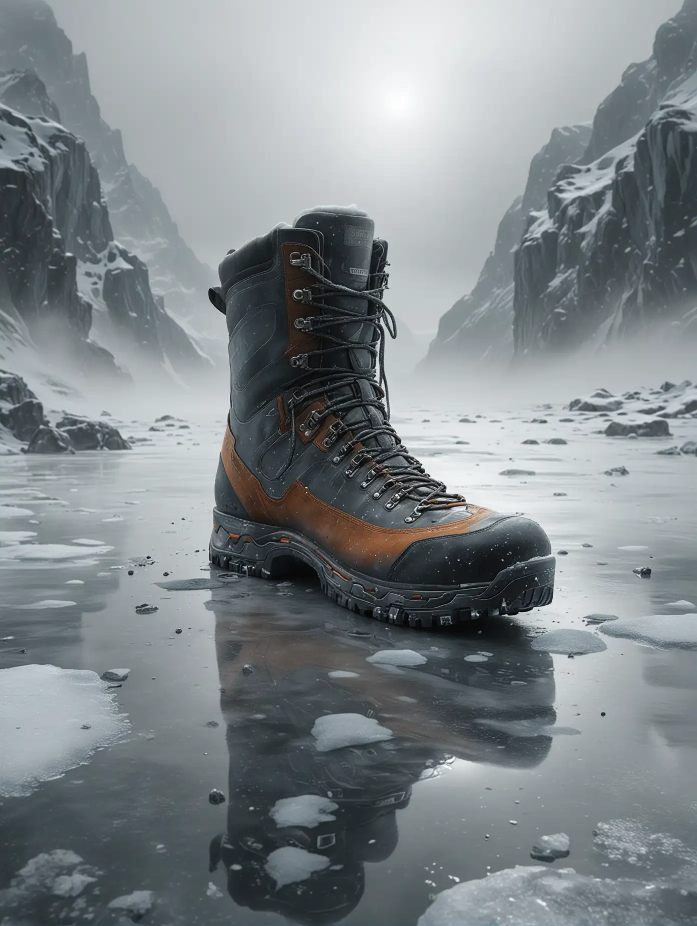 ultra realistic high futurestic boot, standing on foggy ice landscape