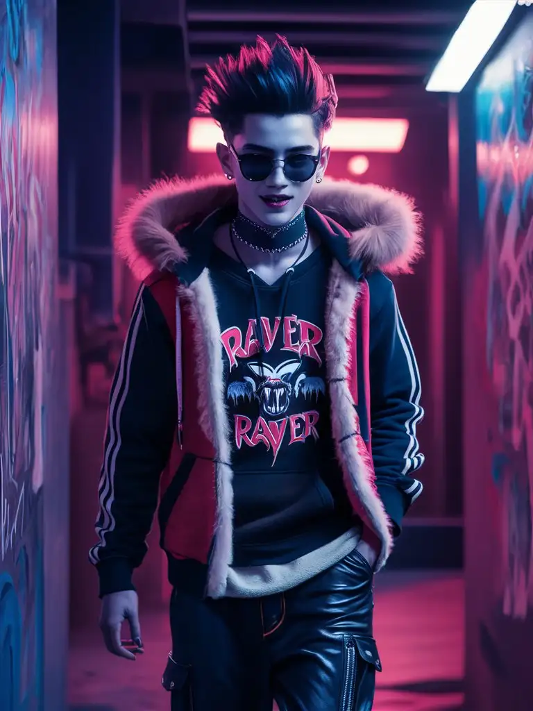 vampire teenager, fur-trim-hoodie, choker, raver, fleece-undershirt, hot, raver