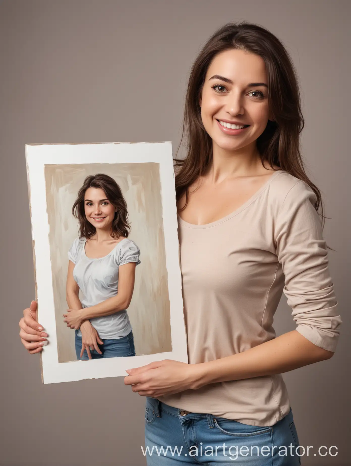 Smiling-Brunette-Woman-Holding-50x70-cm-Canvas-Portrait