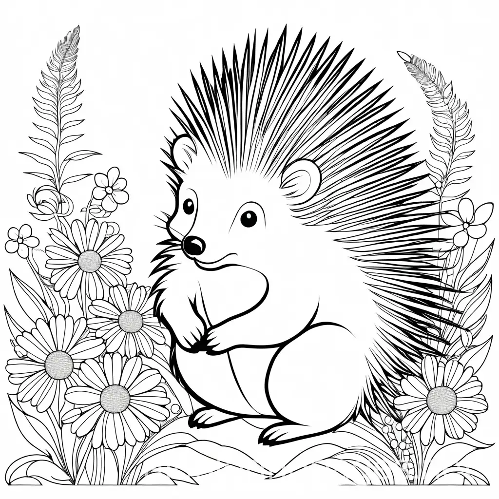 porcupine with flowers, Coloring Page, black and white, line art, white background, Simplicity, Ample White Space. The background of the coloring page is plain white to make it easy for young children to color within the lines. The outlines of all the subjects are easy to distinguish, making it simple for kids to color without too much difficulty