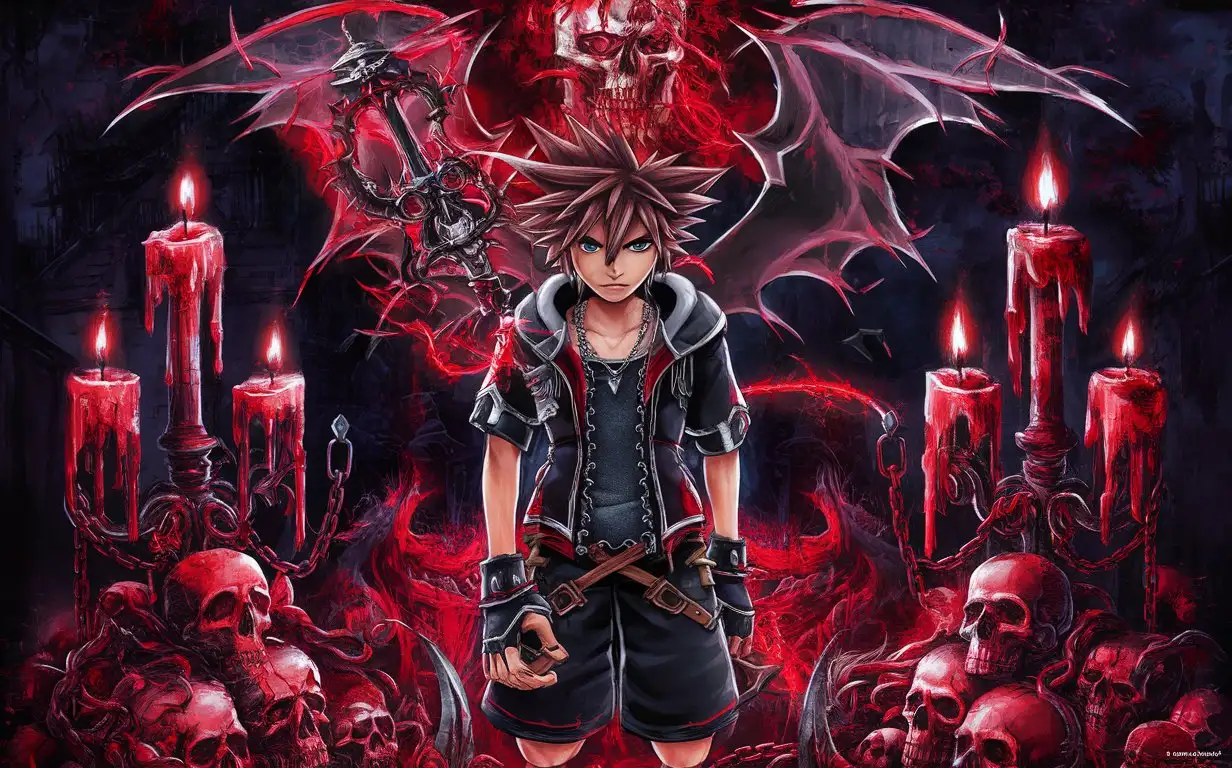 Emo Sora with his dark keyblade from Kingdom Hearts epic wallpaper dark colors with blood and creepy vibes in a fighting stance or power up with skulls
