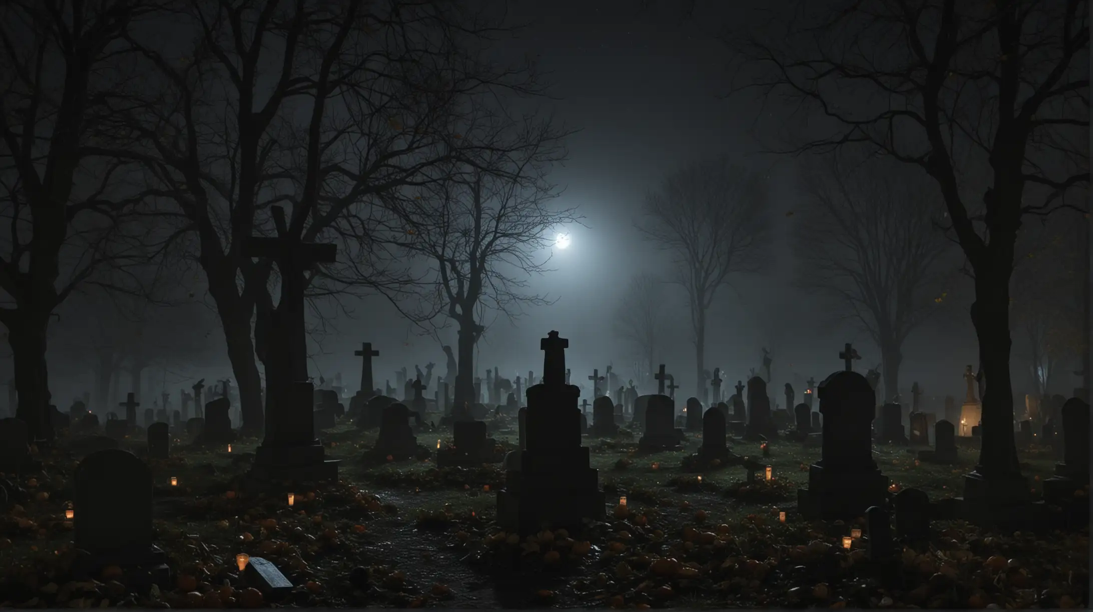 Spooky Halloween Night at a Small Village Cemetery