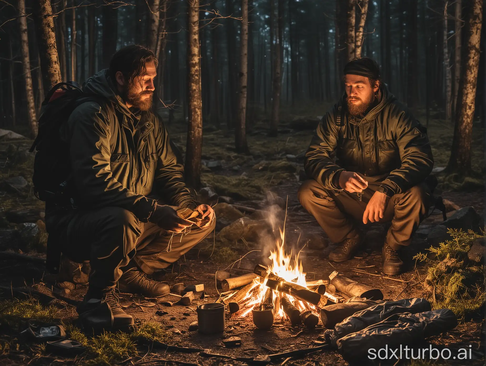 2 Man in forest night  fire camping with survival prepper on the gorund with all stuff but Gold and silver bars too,night