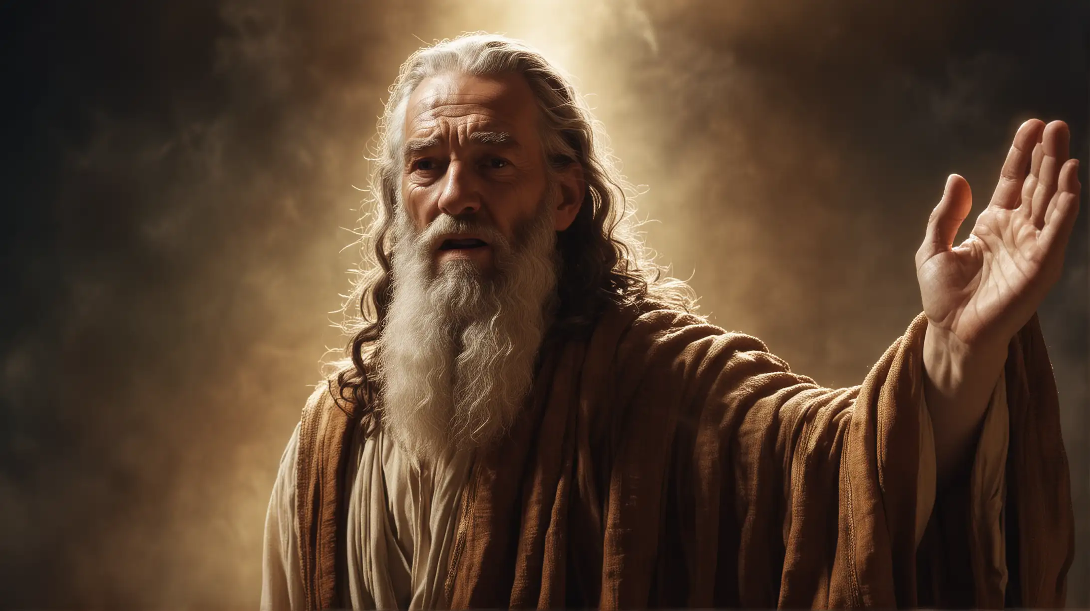 Moses after receiving the 10 commandments from God, his face  isglowing.  Set during the era of the Biblical Moses.