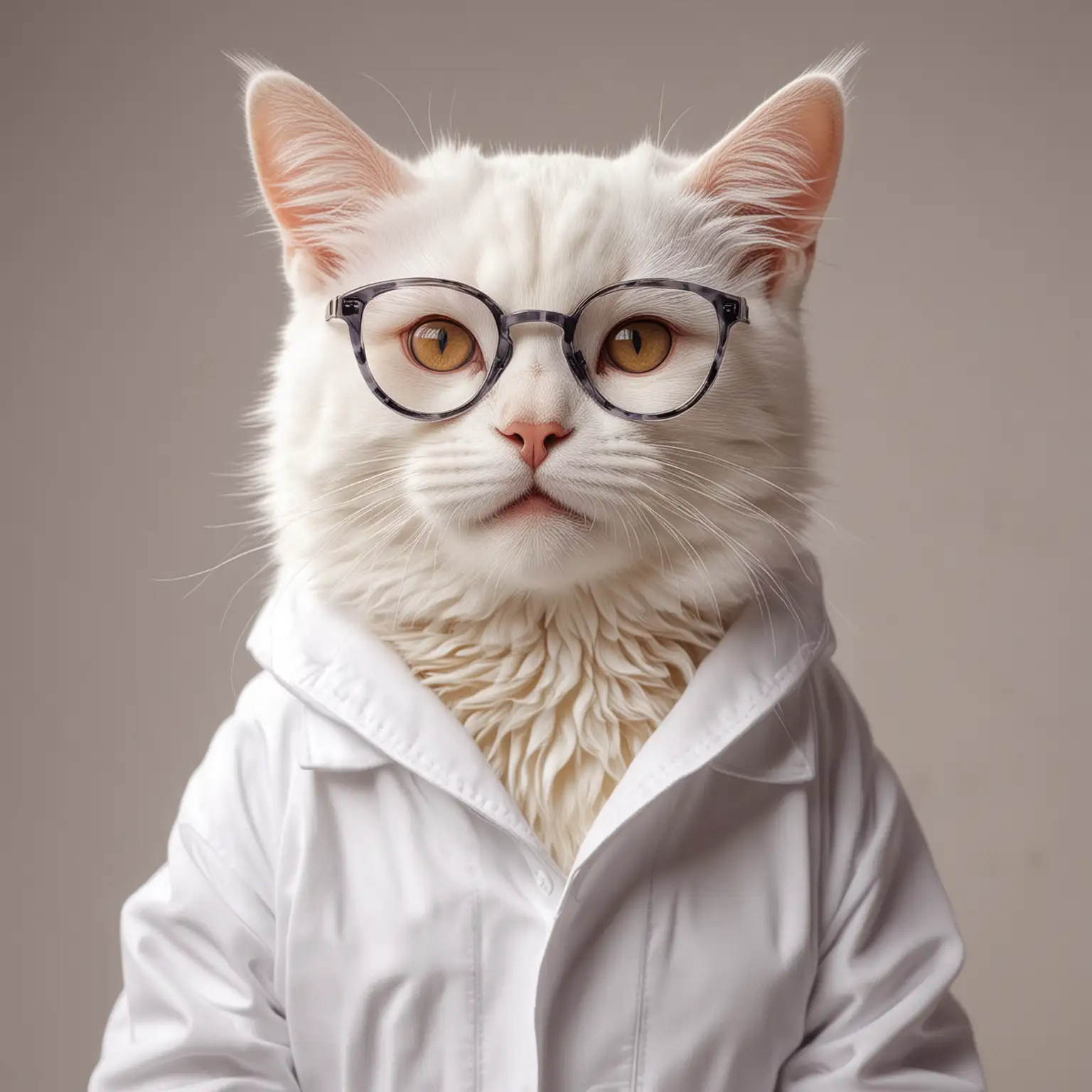 wearing glasses cat, wearing a white coat, smile, warm, background pure color transparent