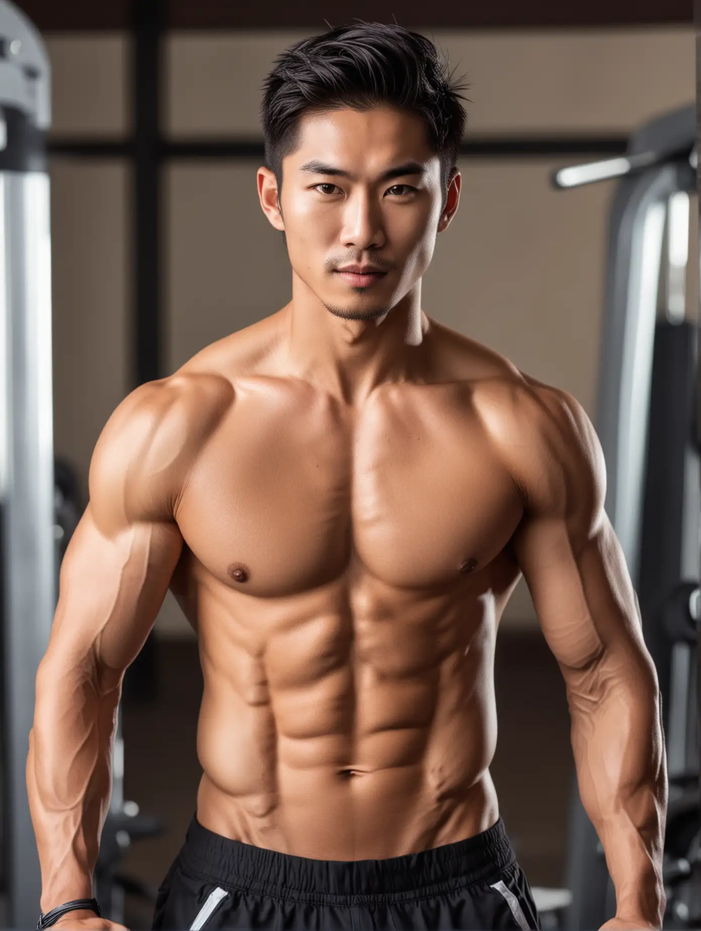 Attractive Asian Male Fitness Model in Gym Setting with Camera Focus