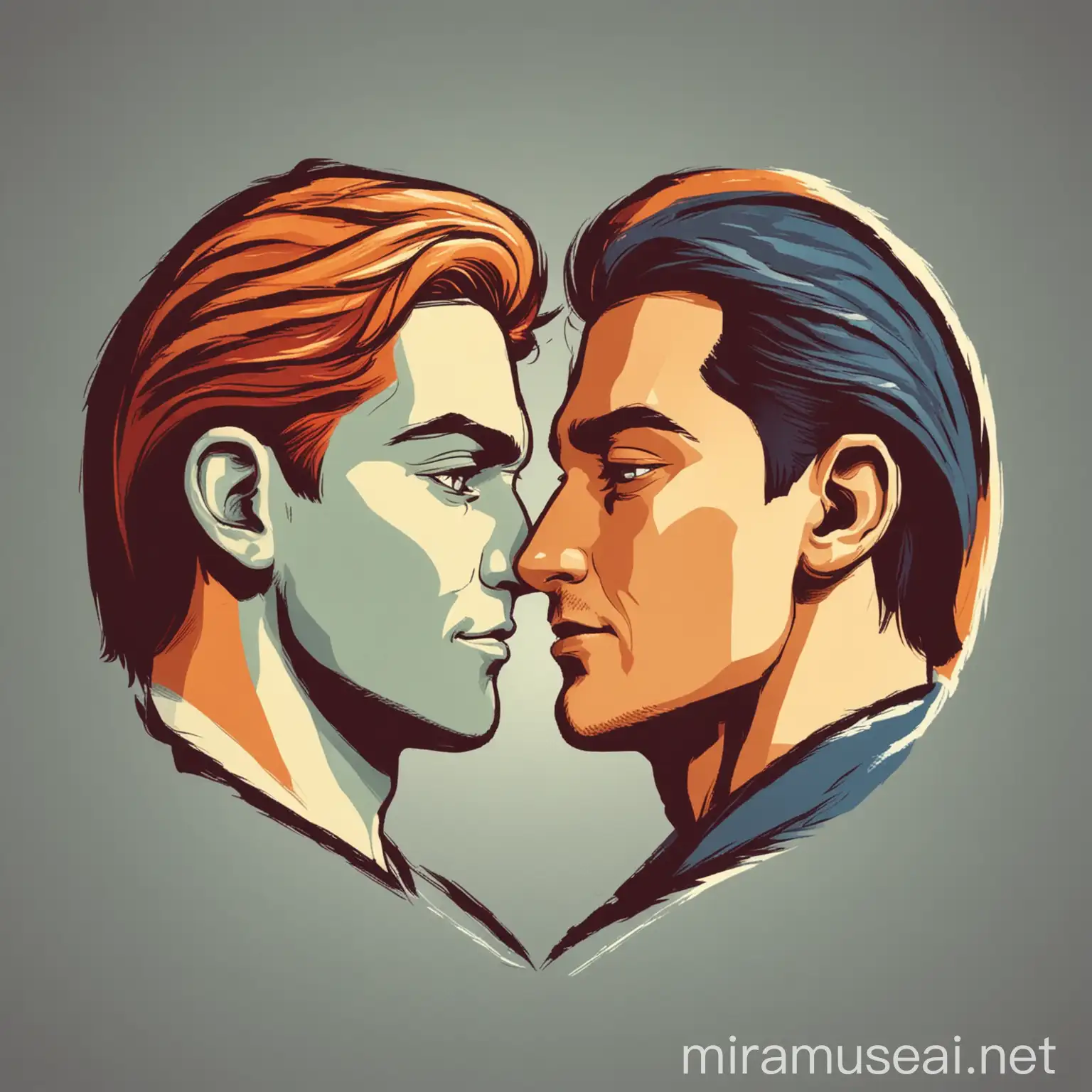an emblem of 2 male humans looking at each other passionately, vector, simple, coloured --no photorealistic details
