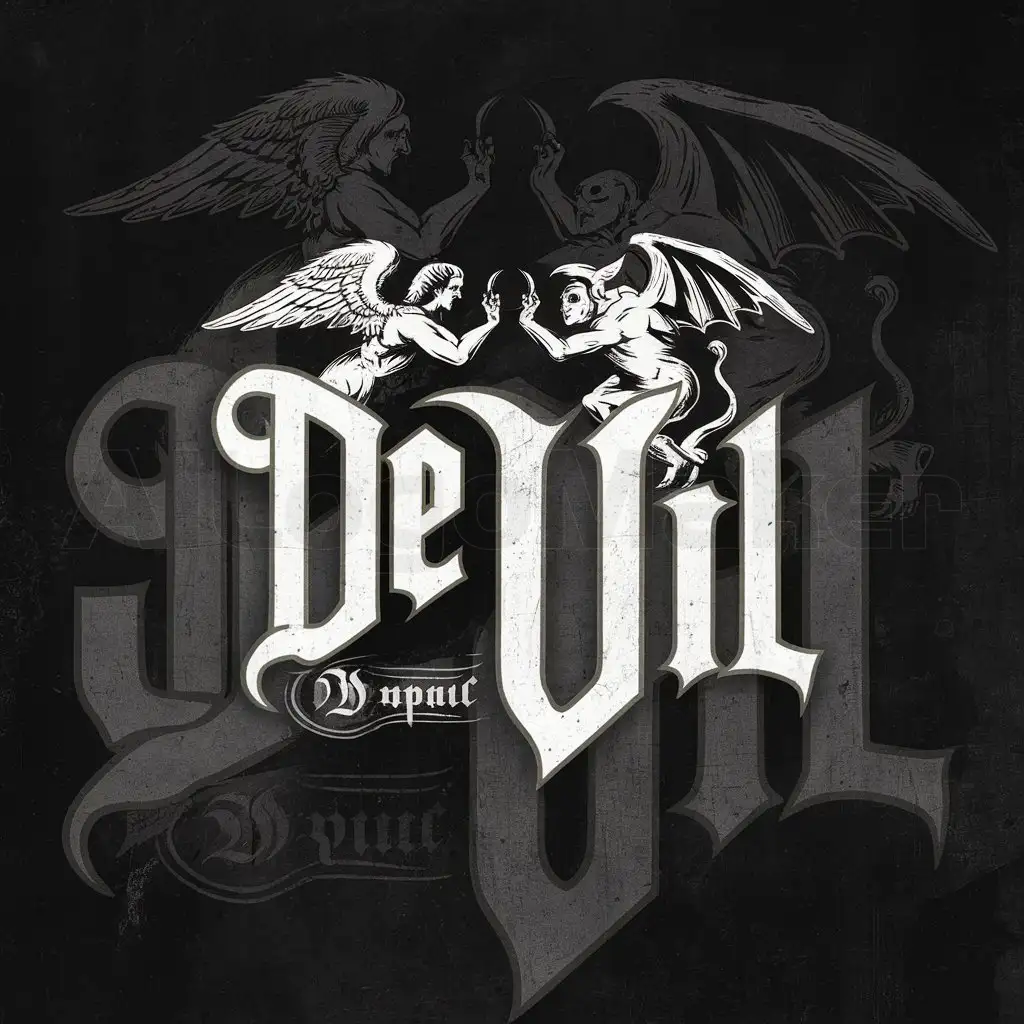 a logo design,with the text "De Vil", main symbol:An Angel and Demon,complex,clear background