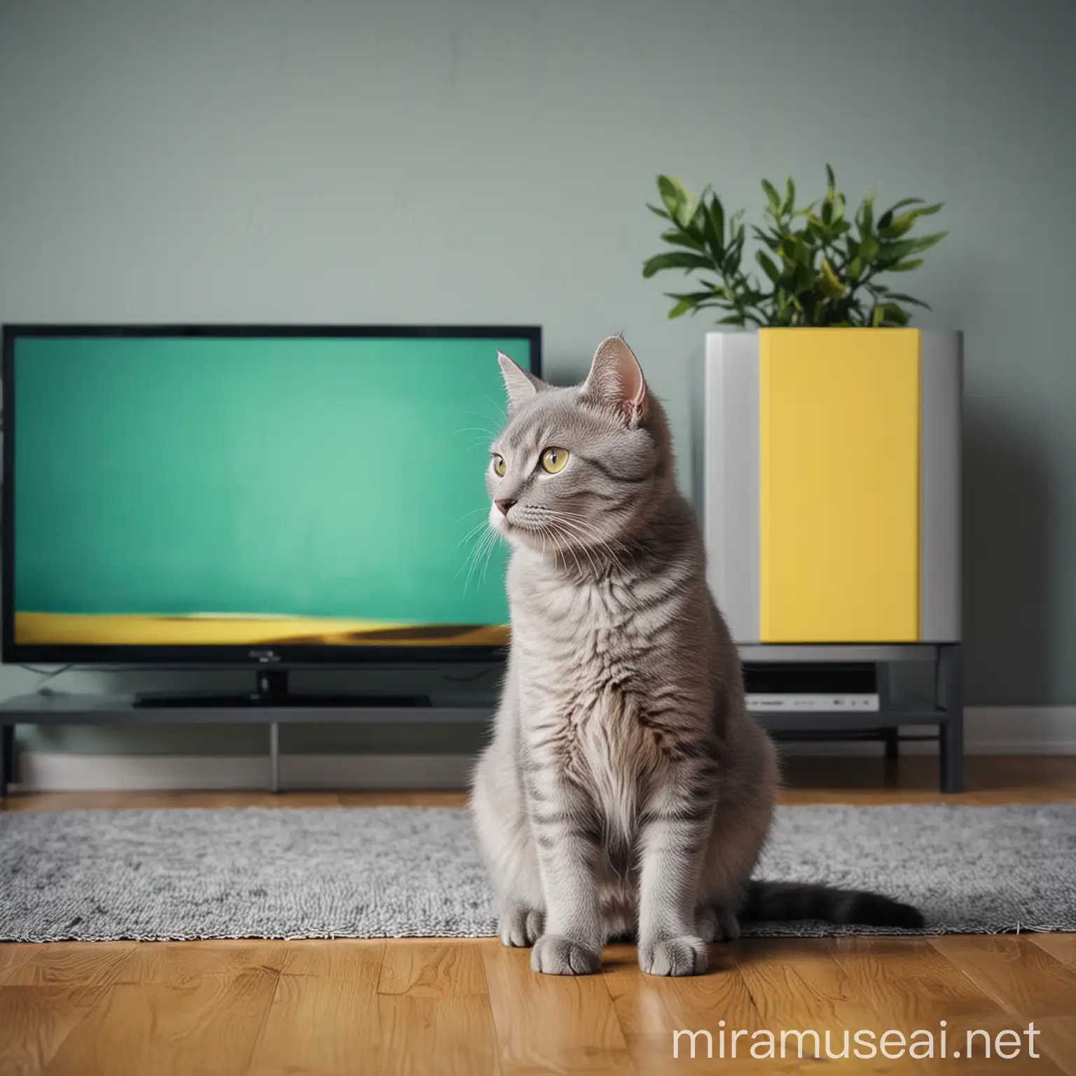 Gray Kitty Relaxing by Modern Television in Bluish Green and Yellow Tones