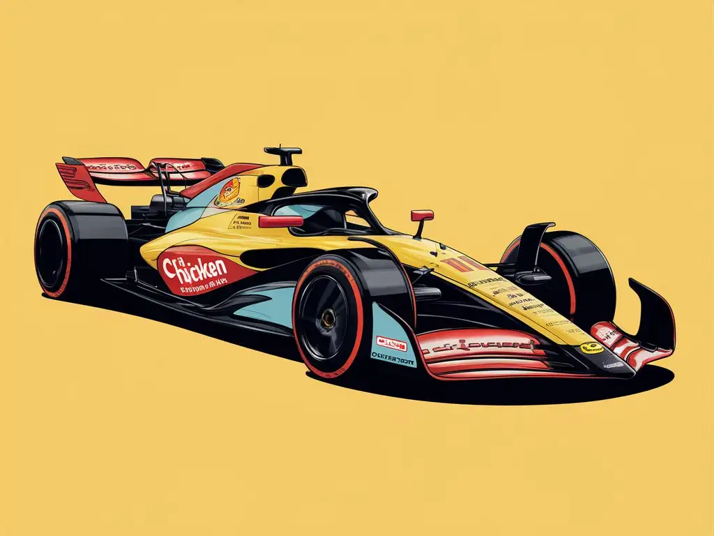 f1 car, yellow with red and light blue and white sponsors only , sponsored by a chicken restaurant. Very small amount of light blue