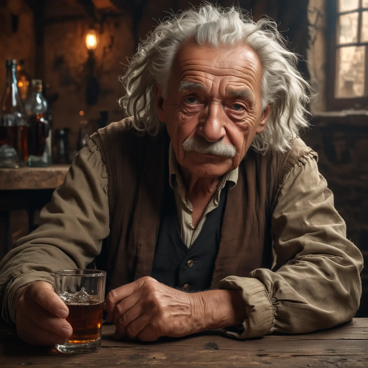 Elderly Man with Einsteinstyle Hair Enjoying Rum in Medieval Tavern