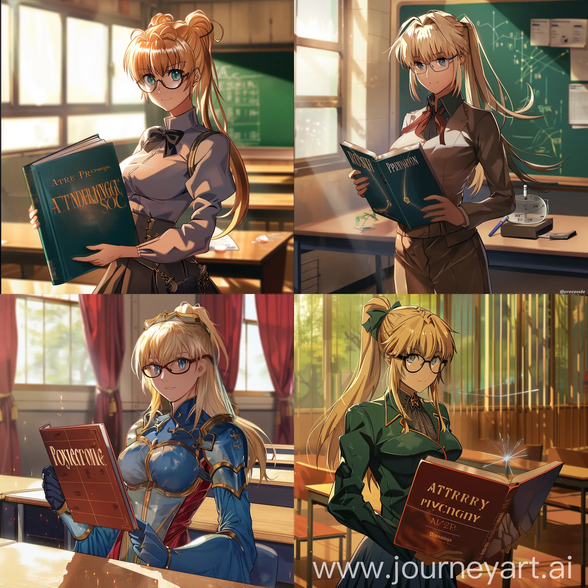 Saber Artoria Pendragon from Fate Zero; in a physics class; dressed in a teacher's outfit with glasses; with a physics textbook in her hands;