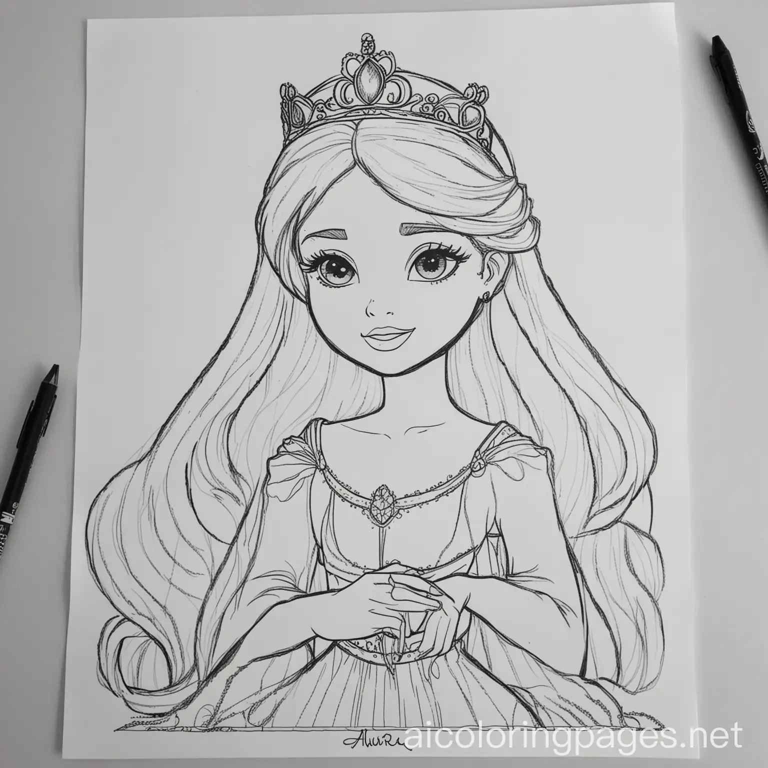 Aurora the princess, Coloring Page, black and white, line art, white background, Simplicity, Ample White Space. The background of the coloring page is plain white to make it easy for young children to color within the lines. The outlines of all the subjects are easy to distinguish, making it simple for kids to color without too much difficulty