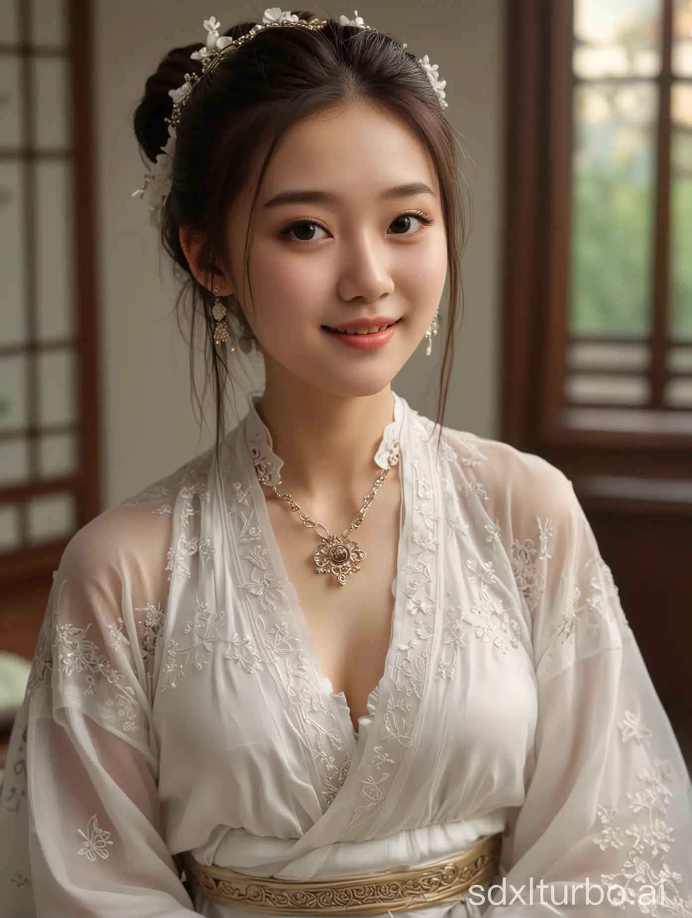Girl-in-Hanfu-and-White-Bikini-Wearing-a-Necklace-by-the-Pool