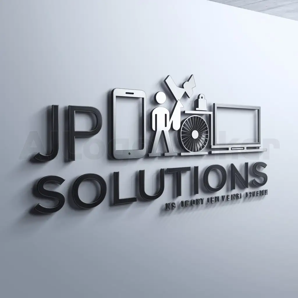 a logo design,with the text "JP SOLUTIONS", main symbol:un teléfonos con una persona sosteniendo un destornillador  • un ventilador una pc 💻 y un TV,Moderate,be used in Others industry,clear background