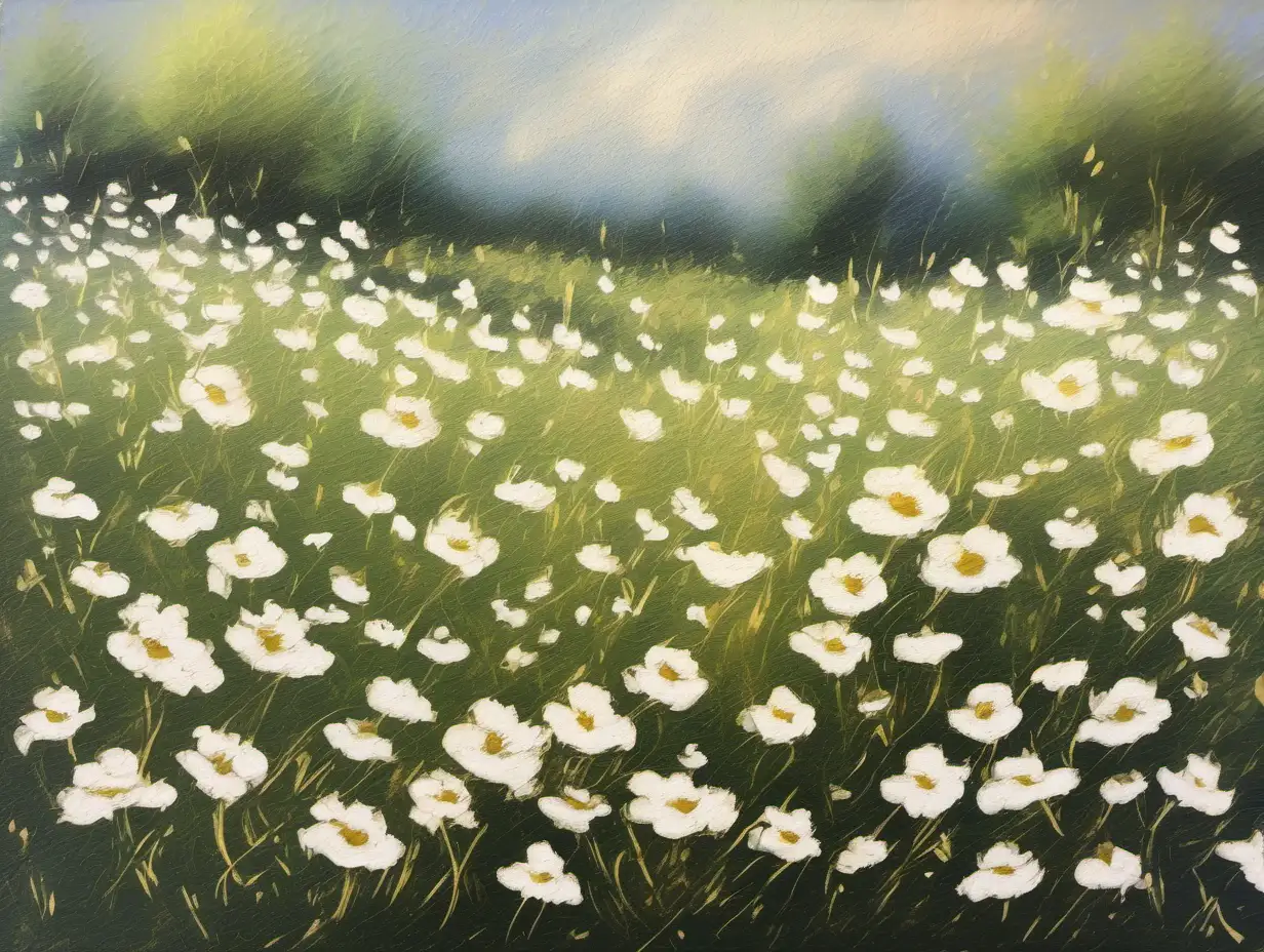 Impressionistic Vintage Field of Wild White Flowers Painting