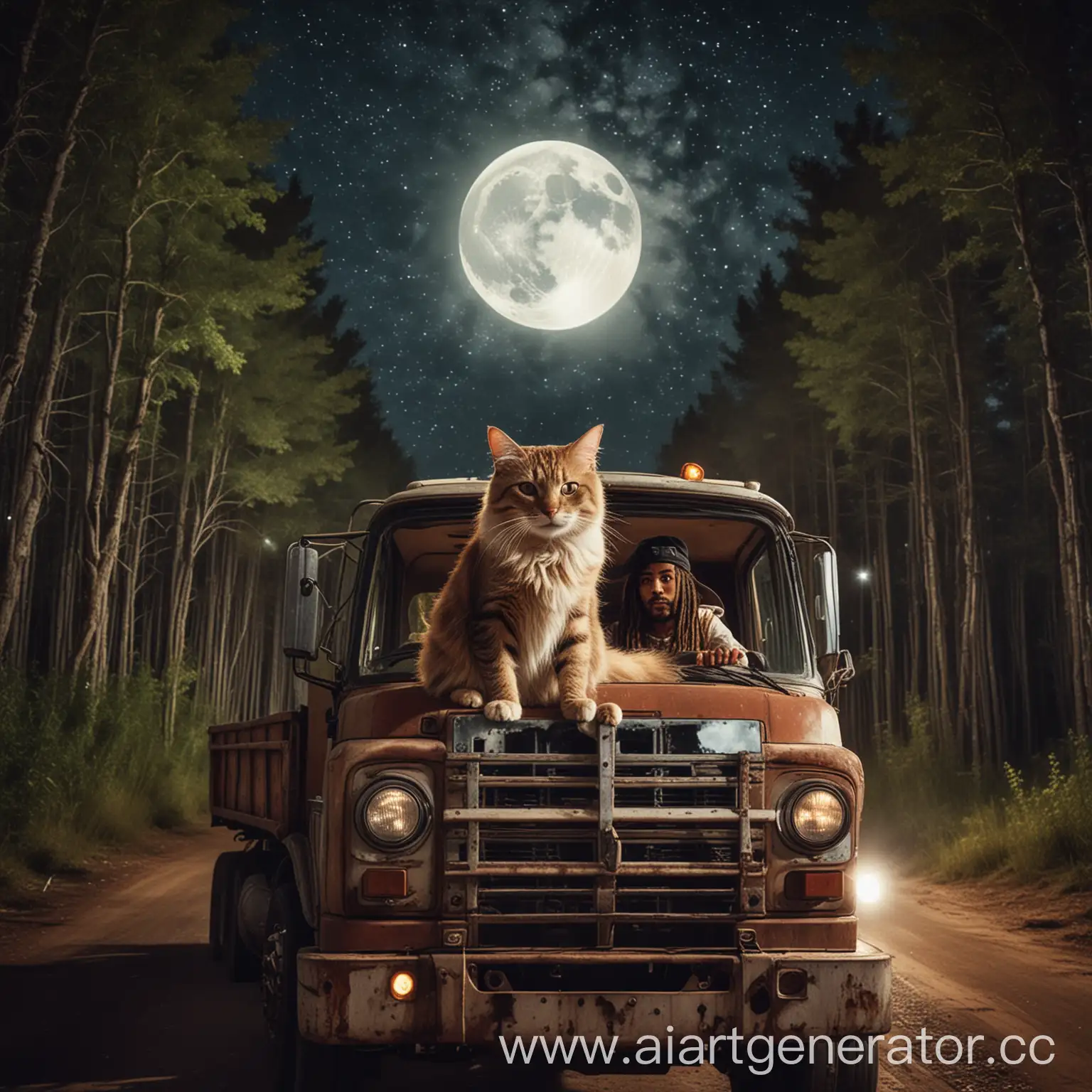 Кот растаман за рулем фуры едущей по танцполу на фоне леса фоне и ночного неба с большой красивой луной