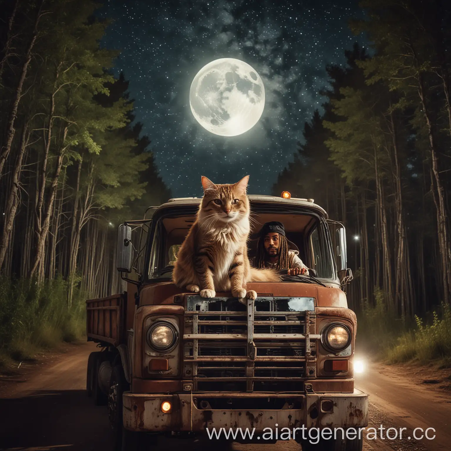 Rastafarian-Cat-Driving-Truck-on-Dance-Floor-in-Forest-Night