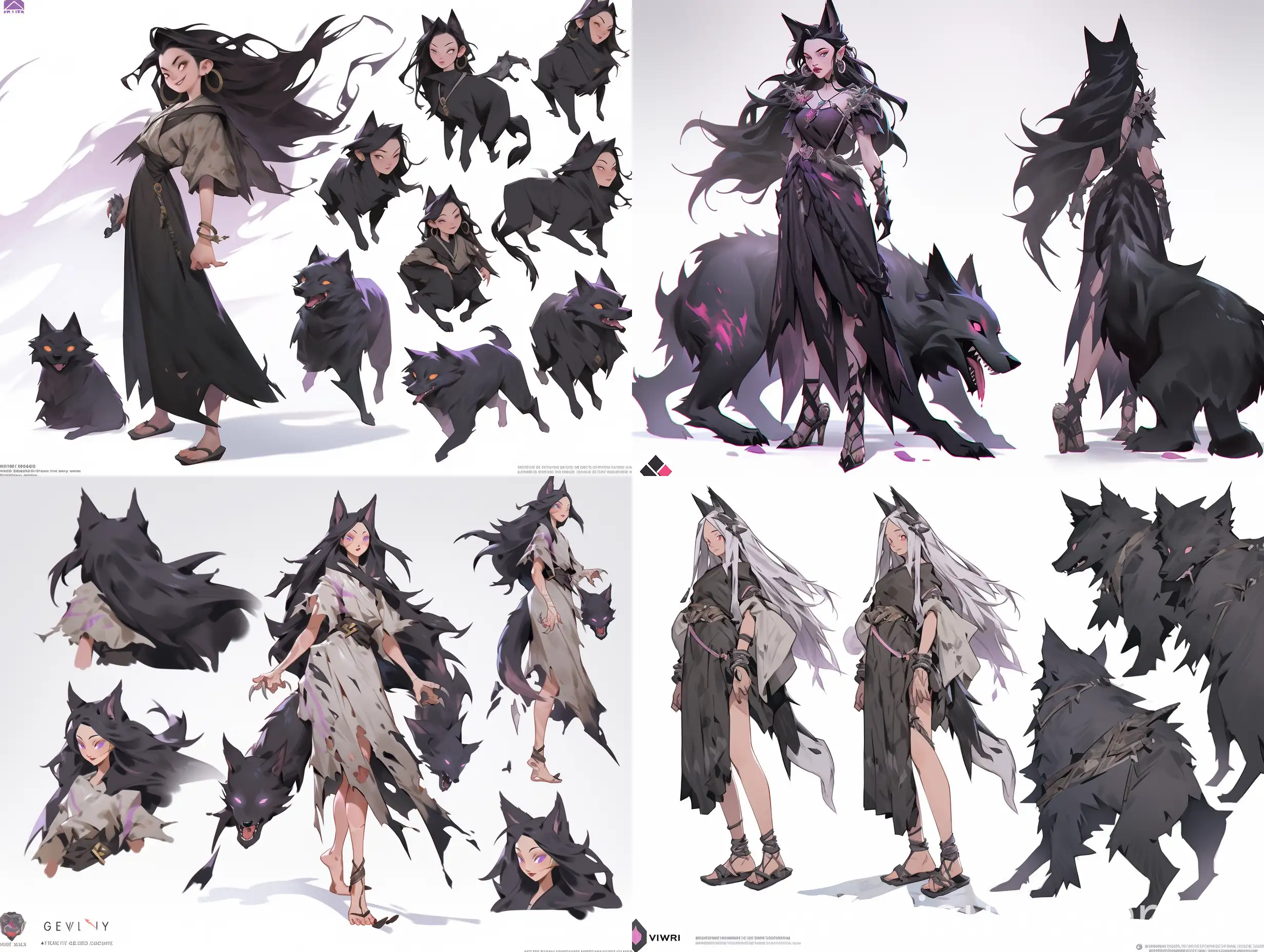 Full body character design sheet, fantasy Celtic setting, girl with long black tangled hair, black wild wolf eyes, pale skin, crazy, sad, and vulnerable girl, very torn long purple dress, turns to the wolf, 16k, unreal engine, octane render, super detailed, white background --niji 5 --style expressive --ar 4:3 --s 1000 --chaos 5