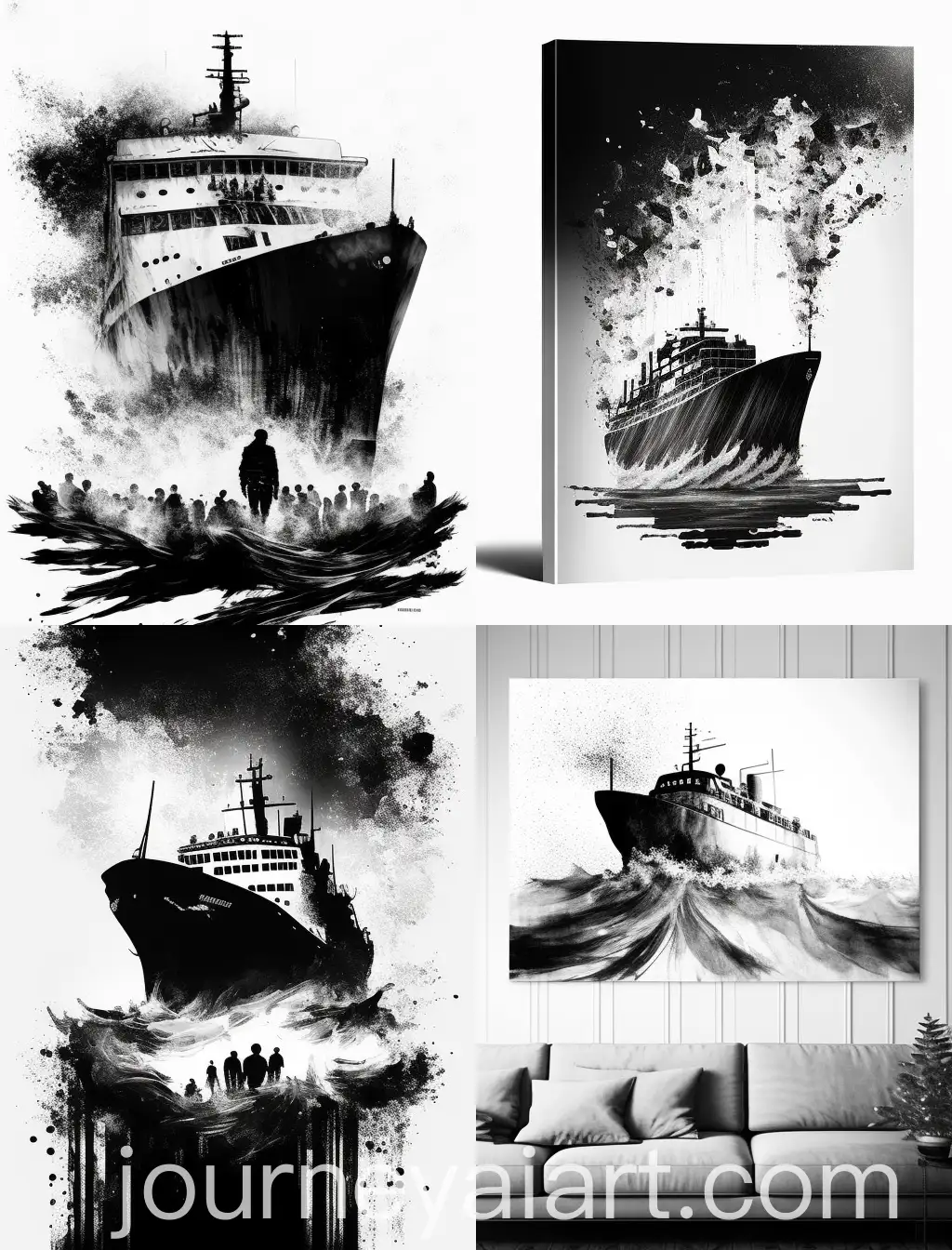 Cargo-Ship-Drifting-in-Vast-Ocean-with-100-Refugees-Abstract-Delicate-Black-and-White-Watercolor-Style
