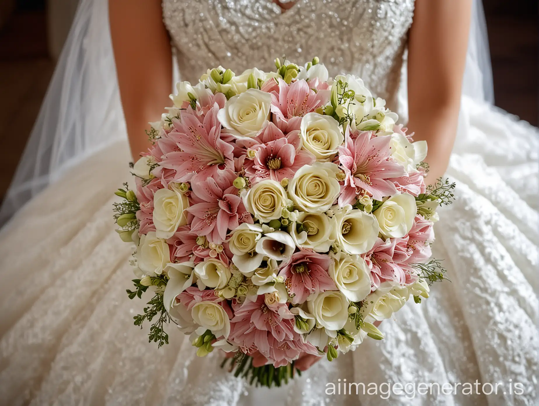 A close-up bridal bouquet in a bride's hand, This image focuses on the interaction between hands and flowers. Different colors bridal flowers are in harmony with the wedding dress. This moment reflects the beauty of a special day.