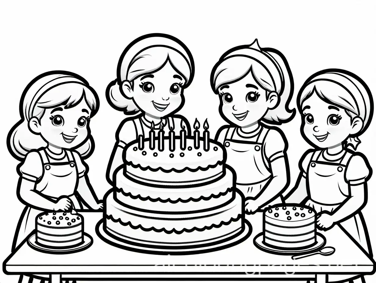 Kids baking a cake, Coloring Page, black and white, line art, white background, Simplicity, Ample White Space. The background of the coloring page is plain white to make it easy for young children to color within the lines. The outlines of all the subjects are easy to distinguish, making it simple for kids to color without too much difficulty