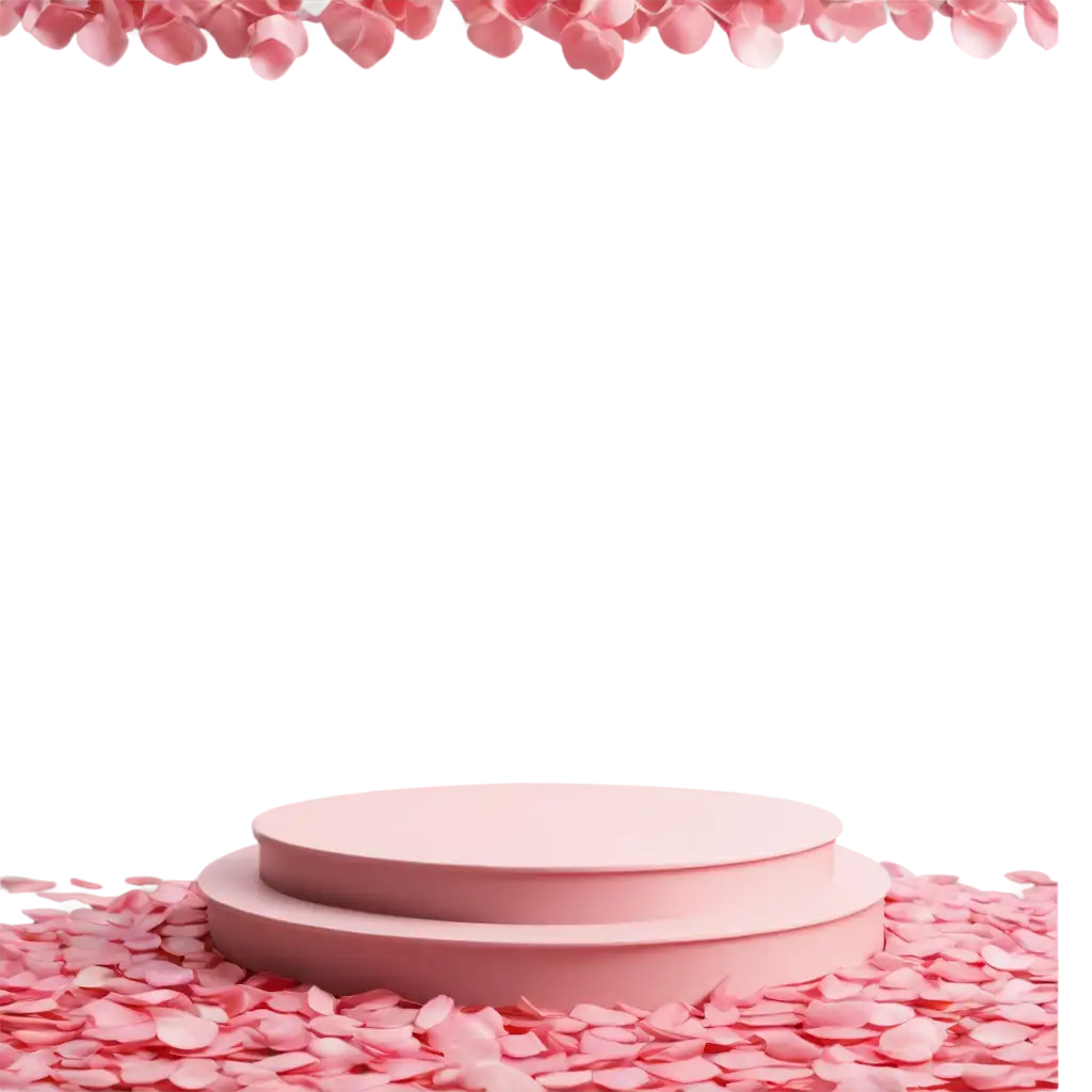 Plastic podium, pink delicate background, rose petals.