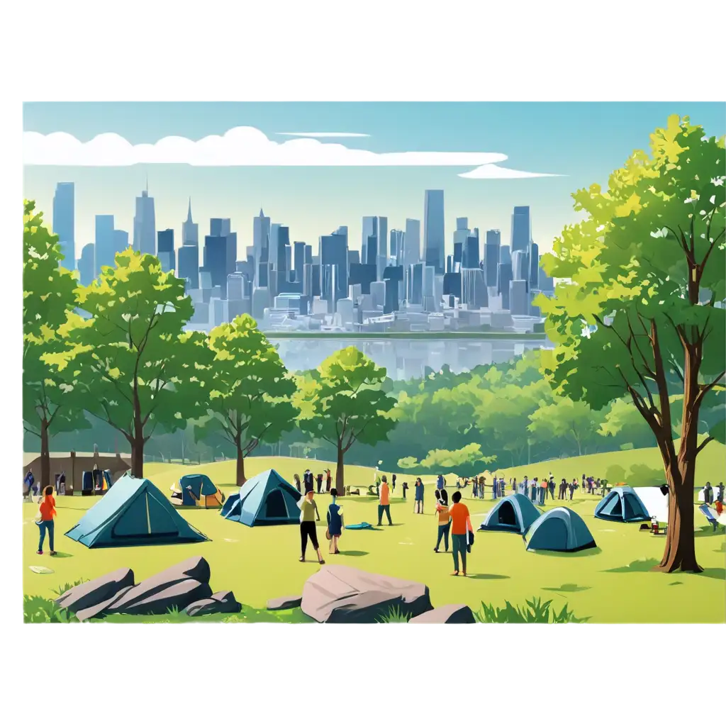 vector image of a campsite with lots of people with a city view landscape