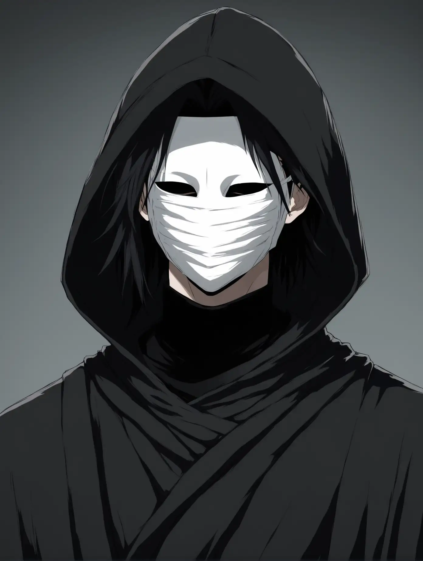 2D anime art. A young man with pale skin, long black hair and dark gray eyes.  Dressed in a black robe with a hood, his face is hidden by a white mask without a nose and mouth (there is a white mask on his face). hides his face. Anime style. 2D. facemask