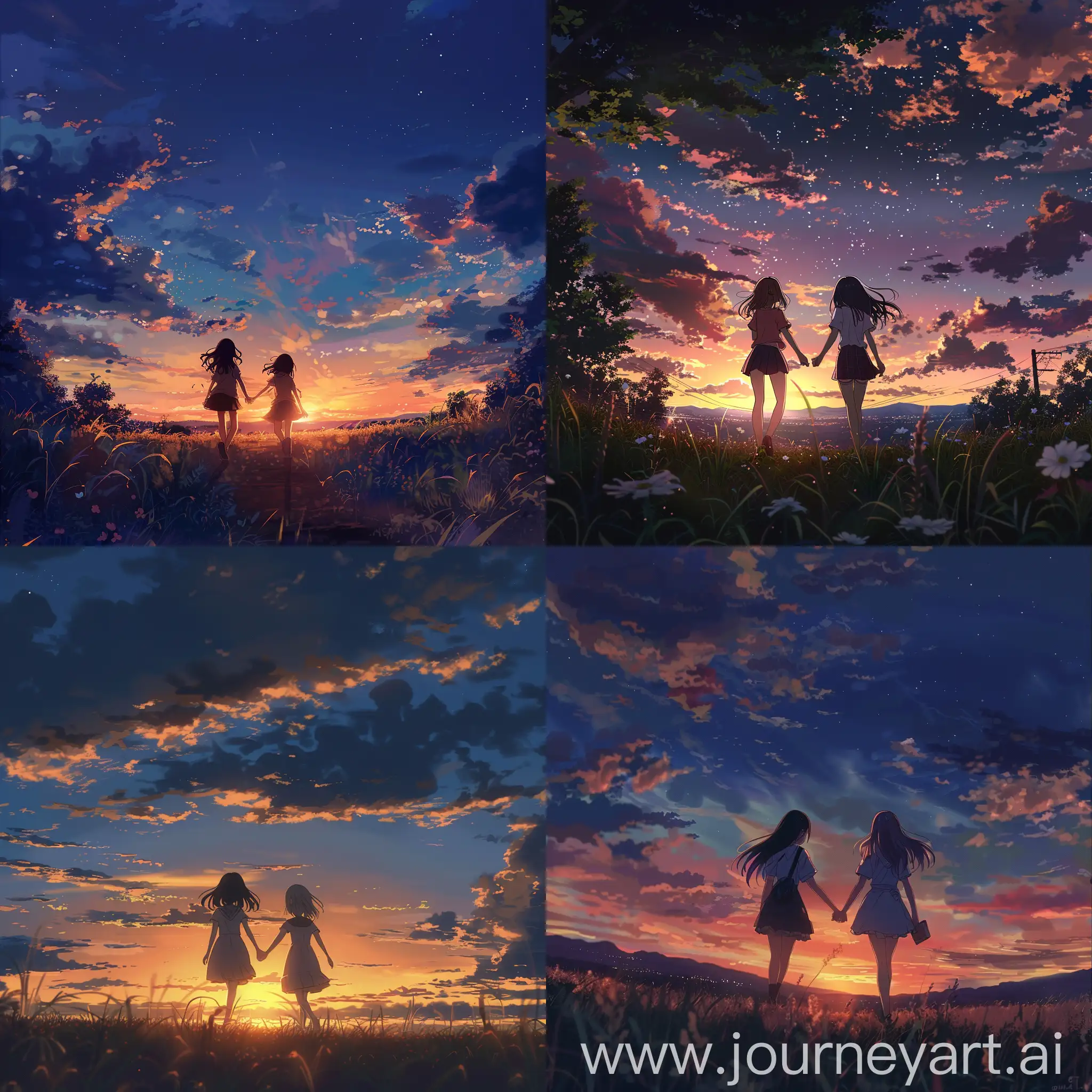 аниме две девушки гуляют вечером по полю и держатся за руки