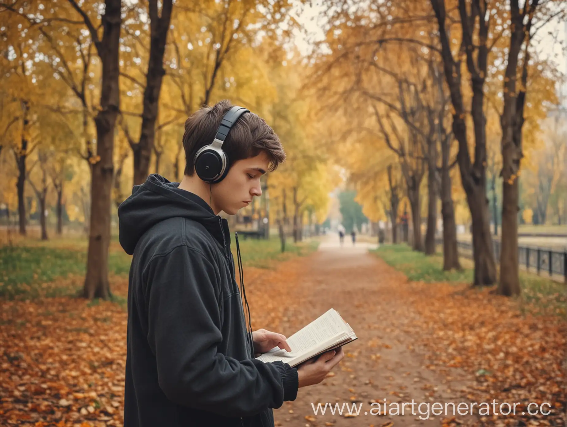 Autumn-Park-Melancholy-Hooded-Figure-in-Headphones-with-Notebook