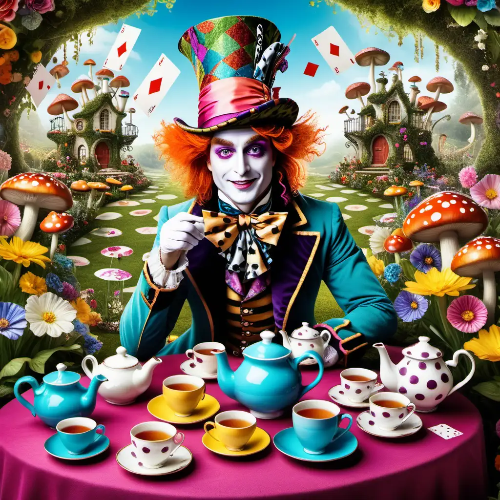 The Mad Hatter from Alice in Wonderland, wearing a large, whimsical hat with a card tucked in the brim, vibrant and mismatched clothing, his expression is playful and mischievous, surrounded by a tea party set with teapots, cups, and saucers scattered around, the environment is a colorful, fantastical garden with oversized flowers and mushrooms, the mood is whimsical and slightly chaotic, Illustration, digital art with bright colors and intricate details, --ar 16:9 --v 5