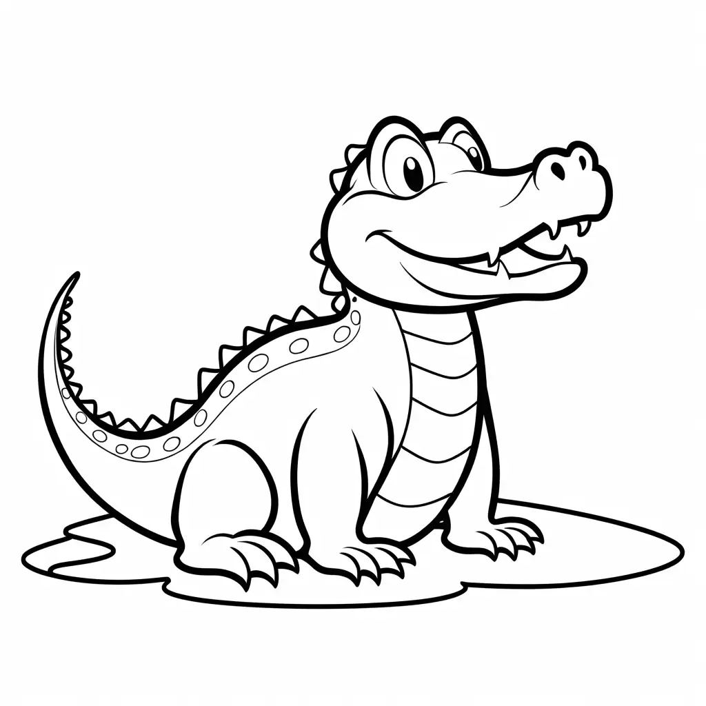 a black and white outline drawing of a cute cartoon alligator with a white background, Coloring Page, black and white, line art, white background, Simplicity, Ample White Space. The background of the coloring page is plain white to make it easy for young children to color within the lines. The outlines of all the subjects are easy to distinguish, making it simple for kids to color without too much difficulty