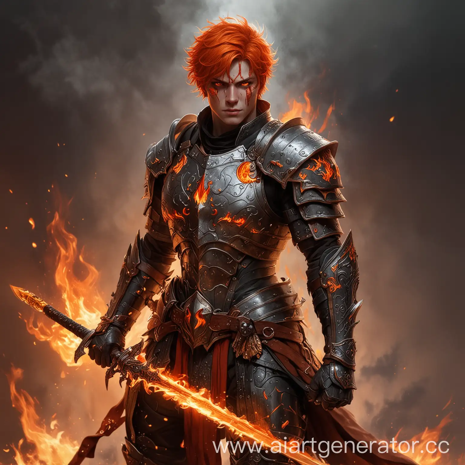 дженази огня мужского пола с короткими горящими волосами, горящими огненными глазами и в броне и с мечом в одной руке.