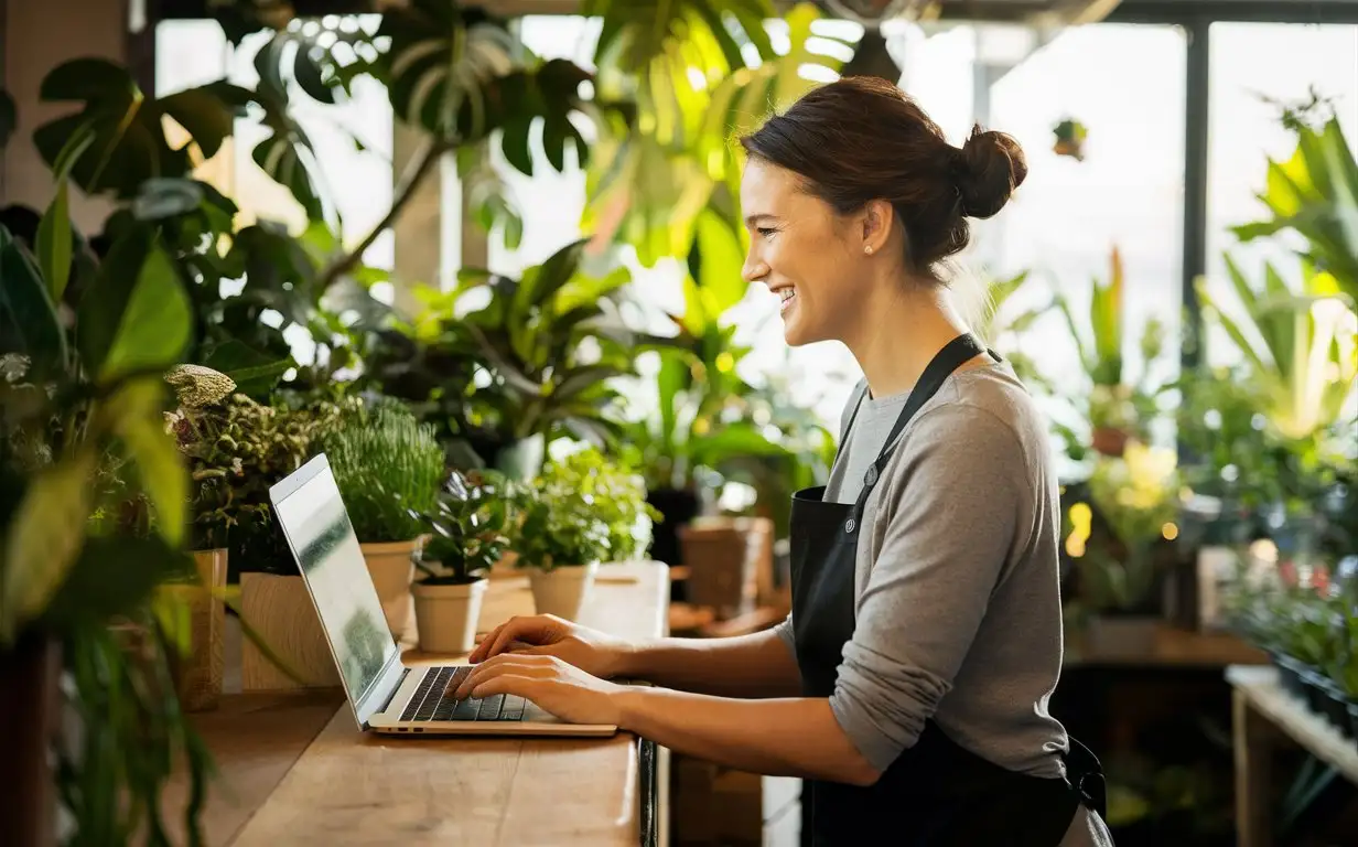 A photo of a Emma stone small business owner standing in a cozy, well-lit plant and gardening store. She is leaning on a counter, working on a laptop with a natural smile on her face. She appears engaged and content, highlighting the success of her business. She is not looking at the camera. Side view.