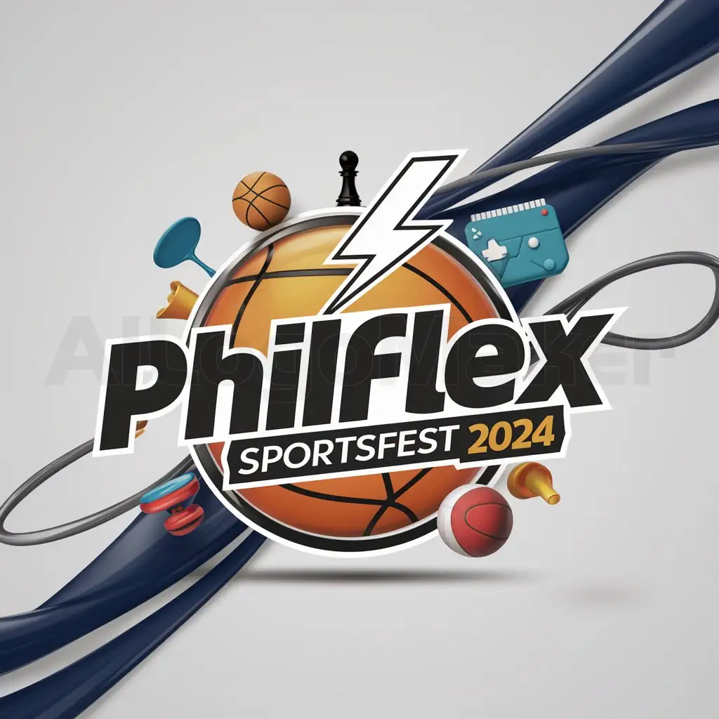 a logo design,with the text "PHILFLEX, SPORTSFEST, 2024", main symbol:wire with lightning bolt, basketball, badminton, chess, dart, game console,complex,be used in Entertainment industry,clear background