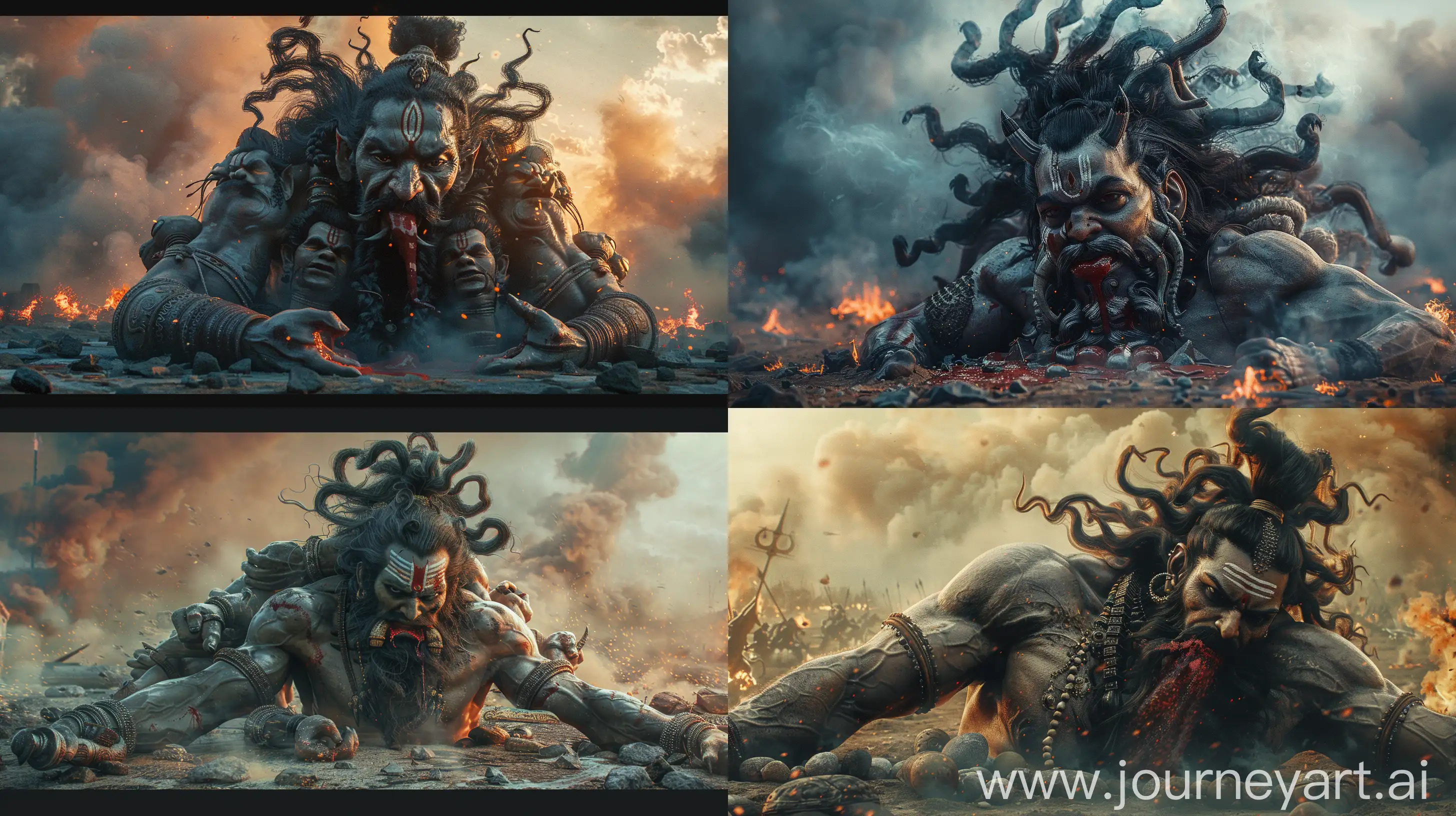 Hyper-realistic ancient Indian demon Ravan from Ramayan, defeated, lying on the ground, multiple heads, red liquid from mouth, end of war atmosphere, smoky battlefield background, dramatic lighting, high detail, sorrowful expression, dusk, historical epic scene --s 200 --ar 16:9 --v 6