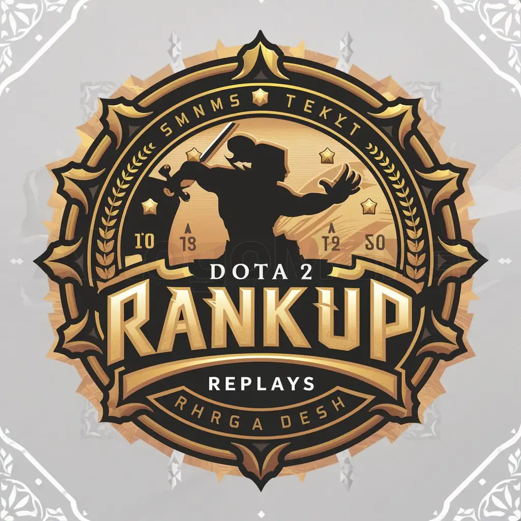 a logo design,with the text "Dota 2 RankUp Replays", main symbol:Imagine a circular emblem featuring a silhouette of a Dota 2 hero in a dynamic pose, such as raising a sword or casting a spell. Surrounding the hero, you could include symbols representing MMR tiers, like stars or laurel wreaths. In the center of the emblem, place the initials of your channel name in bold, stylized text. Surrounding the emblem, you could add decorative elements like intricate patterns or stylized borders. For colors, consider using a combination of gold, silver, and blue for a regal and prestigious feel.,Moderate,clear background