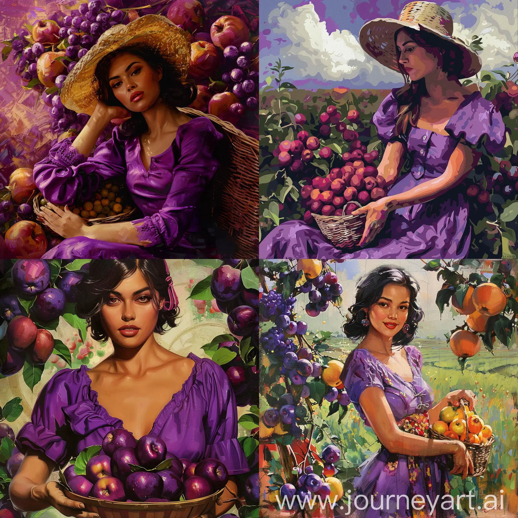 Retro-Synthwave-Advertisement-Poster-Featuring-a-Colombian-Woman-in-a-Purple-Dress-with-Baskets-of-Apples