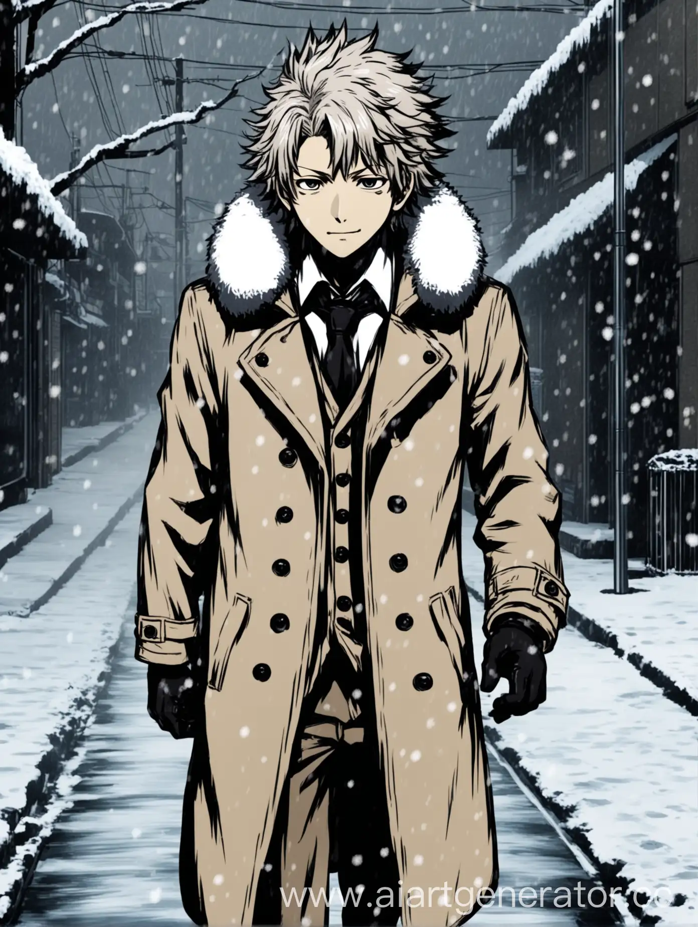 Нагито Комаэда из danganronpa на улице идет снег. Он одет в бежевое пальто и черные перчатки

