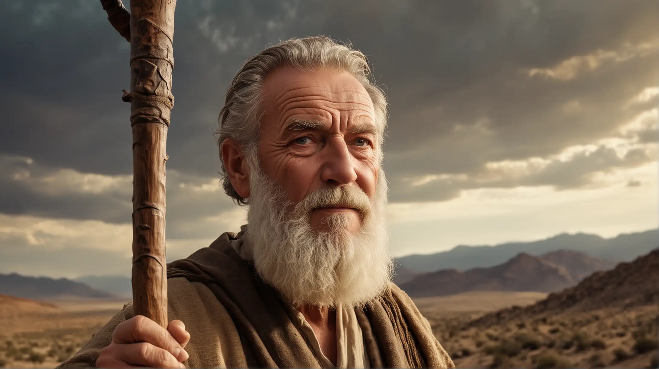 A close up of  a handsome 70 year old man, with a beard,  with a walking stick. Set  atop a mountainous desert location, with a magificent sky behind him, During the era of the Biblical Moses.  