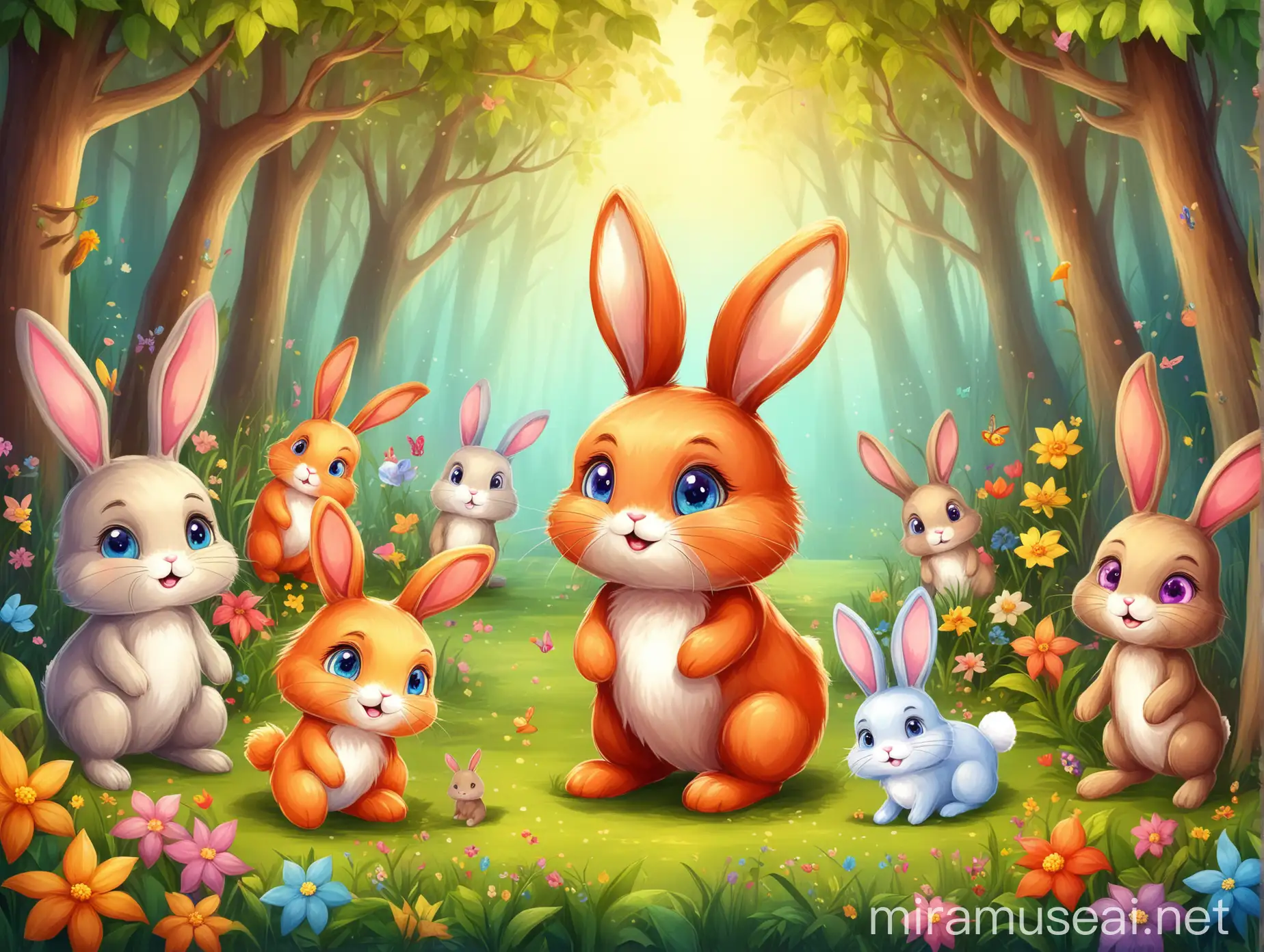 Friendly Bunny in Vibrant Forest Delightful Childrens Illustration