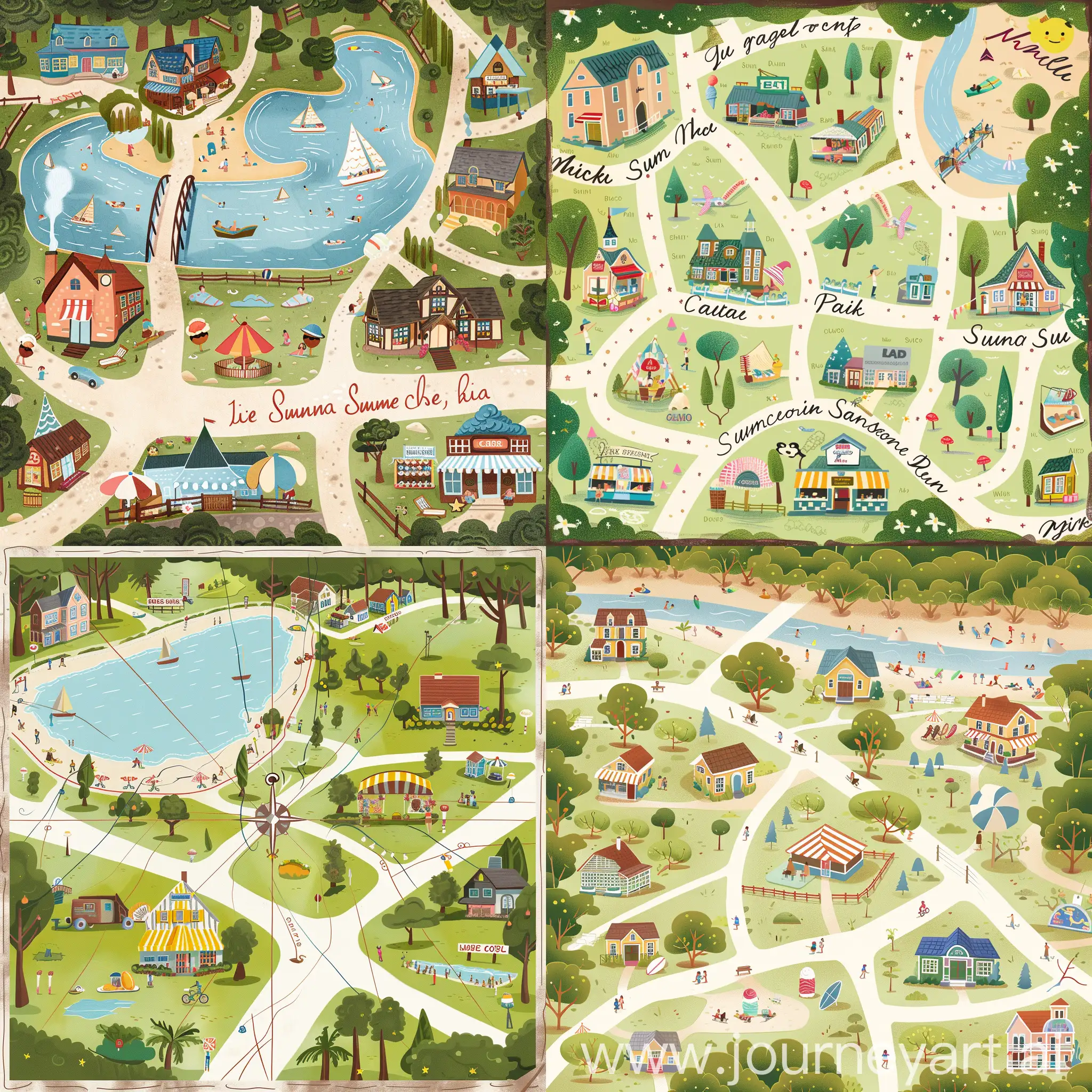 A map of a fictional town with summer landmarks (beach, ice cream shop, park, etc.)