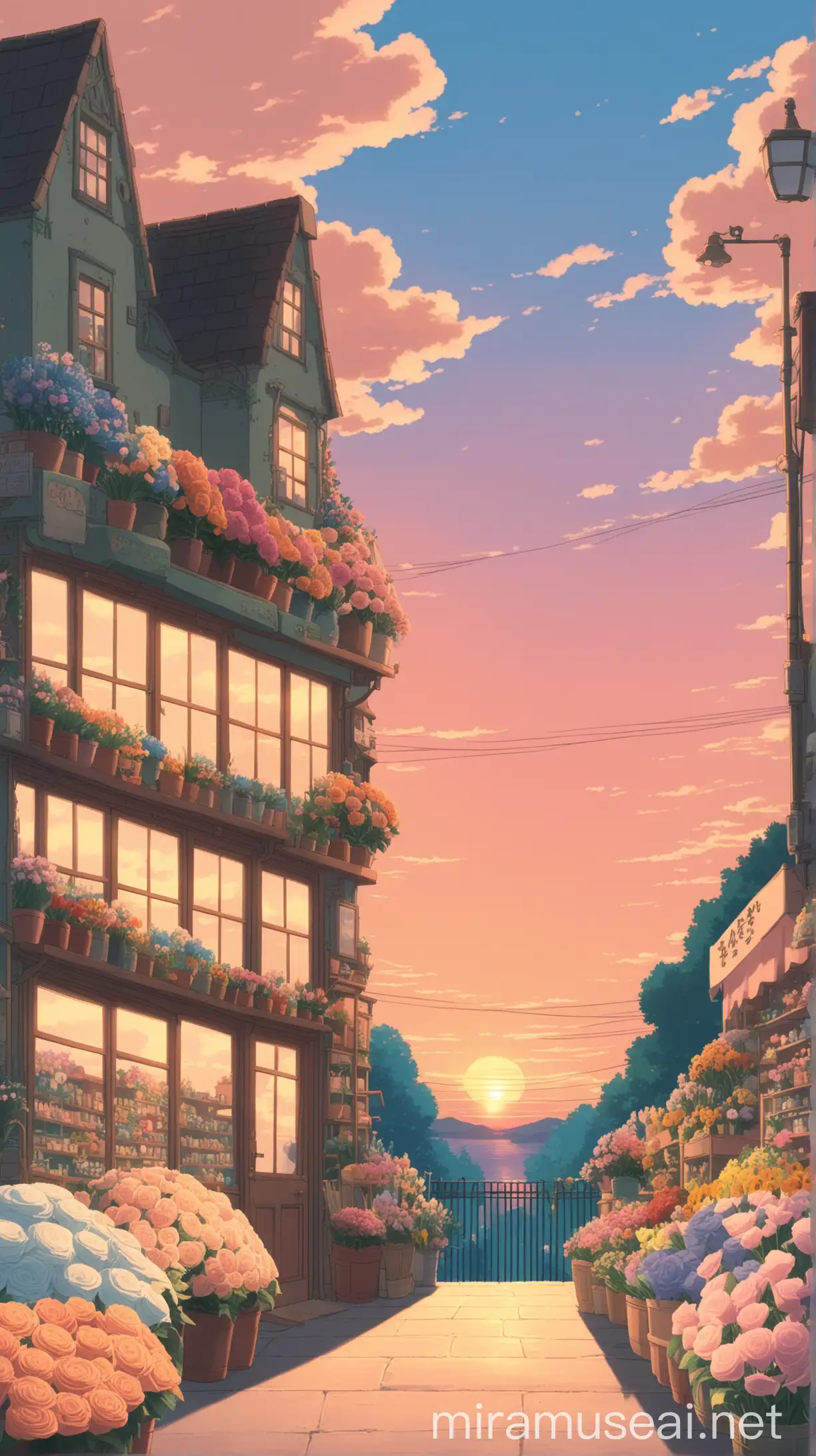 Charming Flower Shop Scene at Sunset Dreamy Studio Ghibli Wallpaper