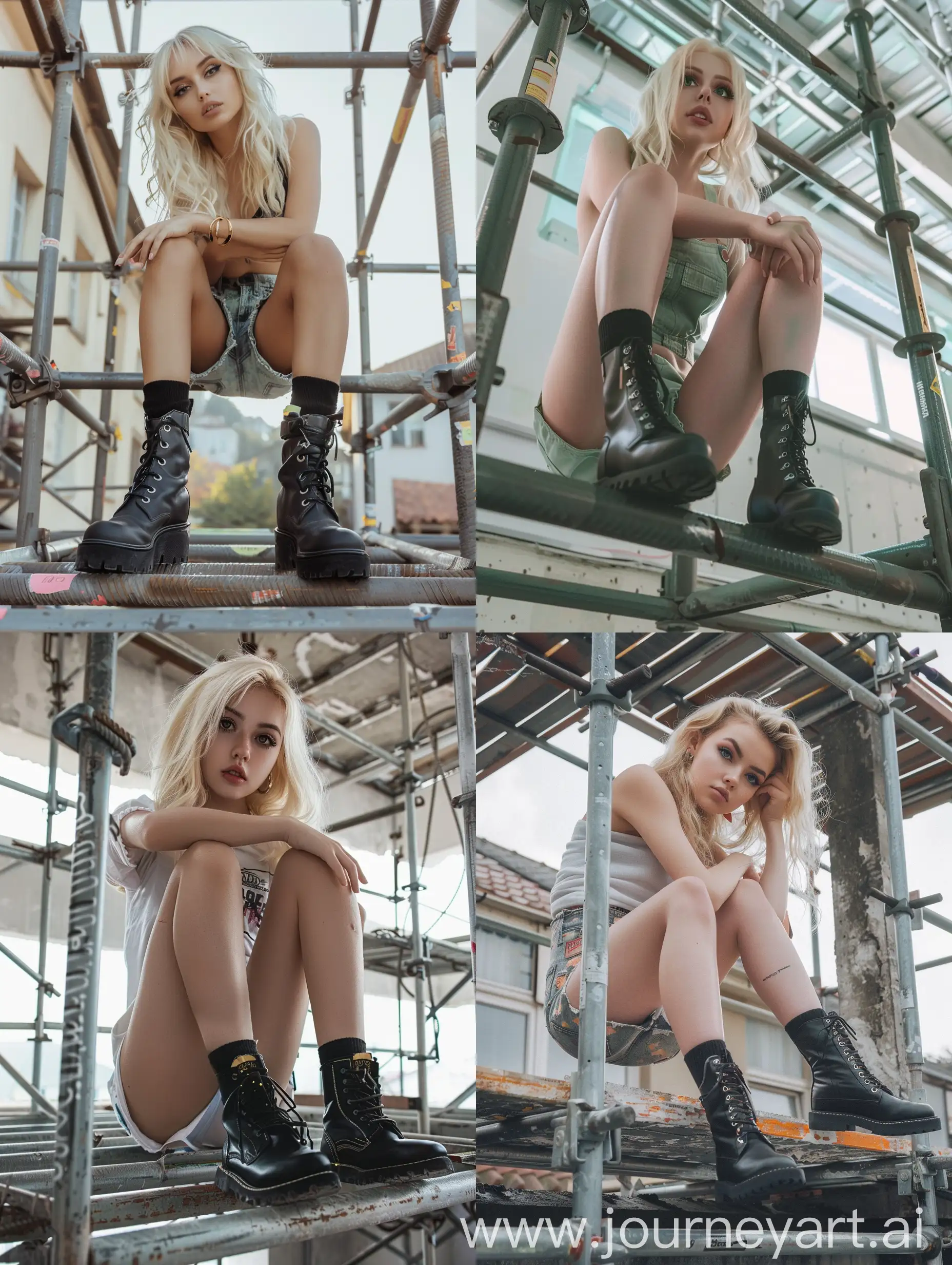 a blonde young  woman, influencer, beauty, attractive fantasy,   makeup,, , little fat, black boots, ,sitting, half chubby, thick legs, socks and boots, 4k, , is working on a steel scaffold under construction