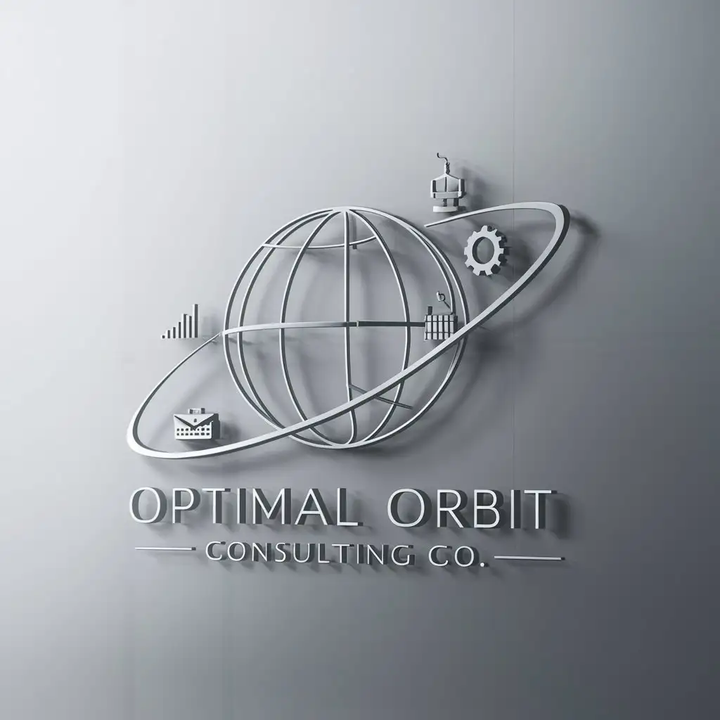 a logo design,with the text "Optimal Orbit Consulting Co.", main symbol:The central element of the logo can be a globe, representing global reach and comprehensive solutions. Surrounding the globe, incorporate an orbital path to signify the dynamic and continuous nature of the consulting services provided, as well as the idea of navigating through challenges. Integrate subtle icons that represent key consulting aspects, such as a briefcase, a graph, and a gear. These icons can be placed along the orbital path or within the globe, ensuring they are minimalist and do not overpower the main elements.,Moderate,be used in Legal industry,clear background