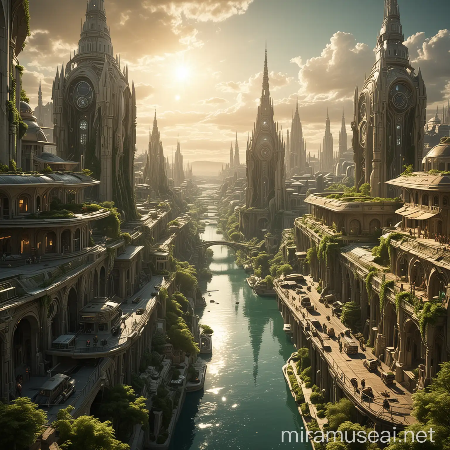 Make a futuristic, solar punk Budapest.
Make it resemble Theed city of Naboo.
Include advanced technology and greenery.