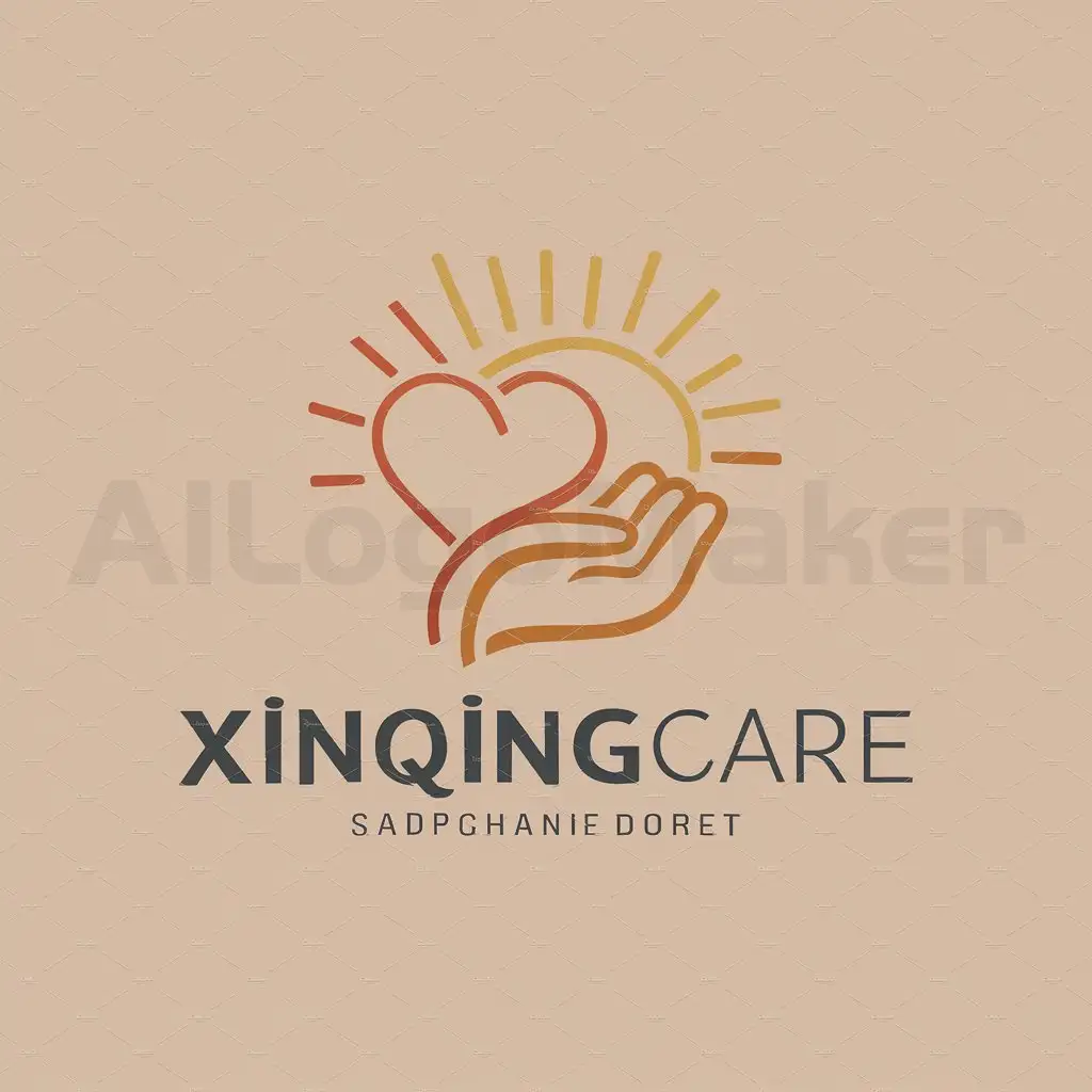 a logo design,with the text "XinqingCare", main symbol:heart/sunlight/hand,Moderate,clear background